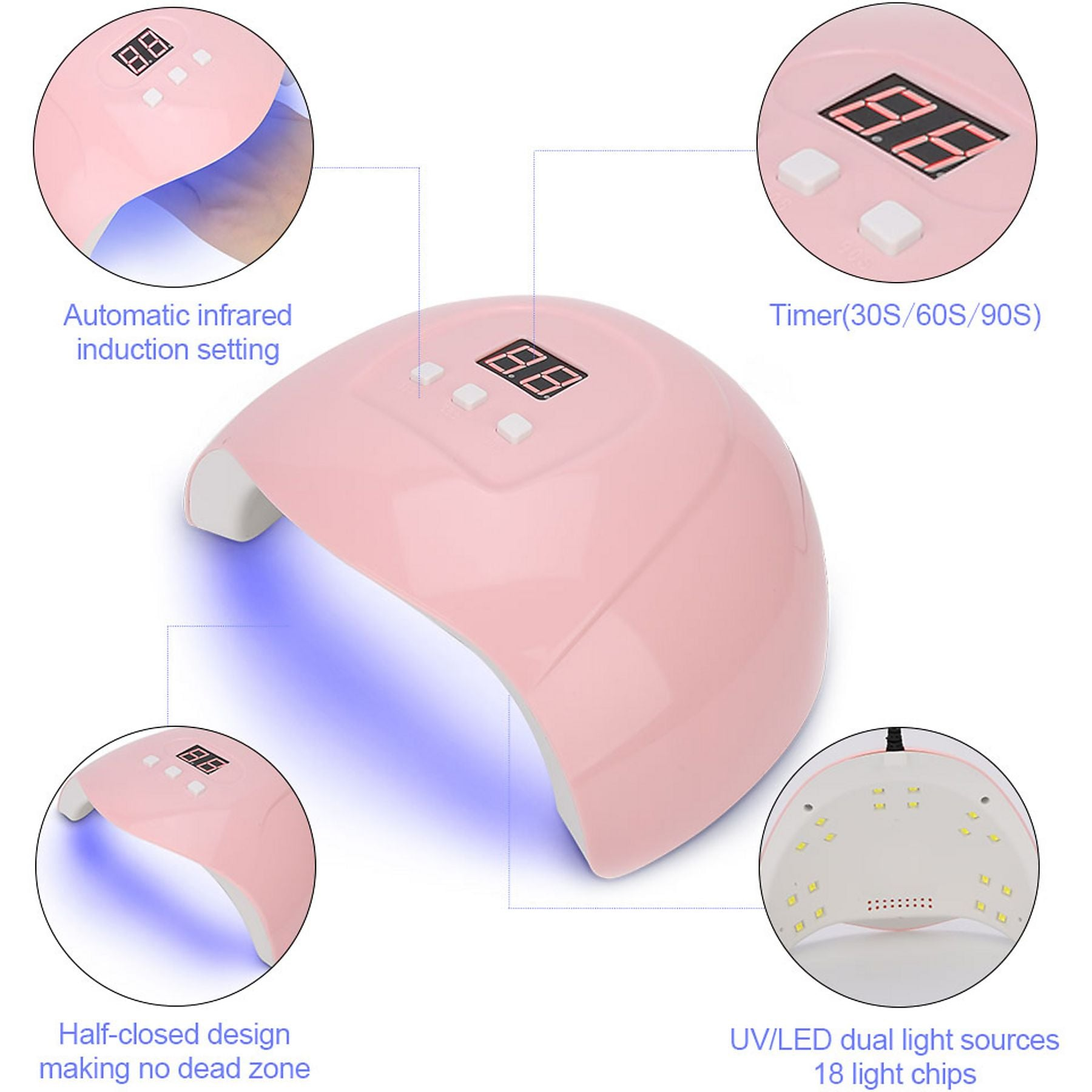 Ein rosafarbener UV/LED-Nageltrockner mit Timer und Automatik.