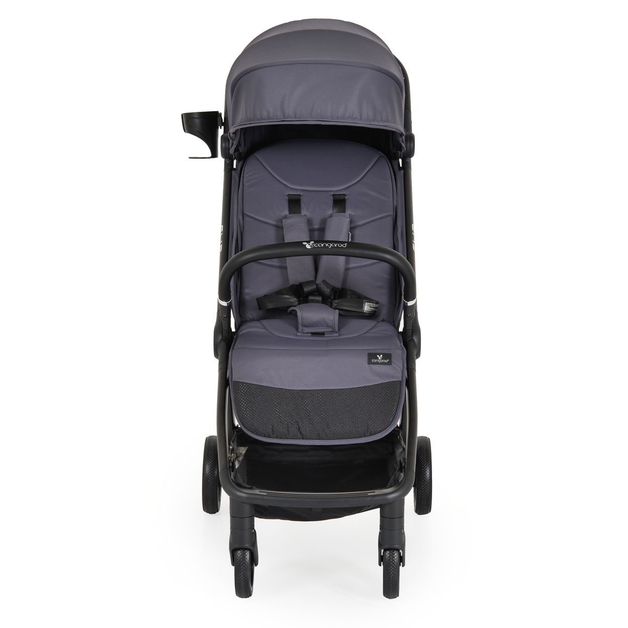 Ein grauer Kinderwagen mit Anschnallgurt und Getränkehalter.