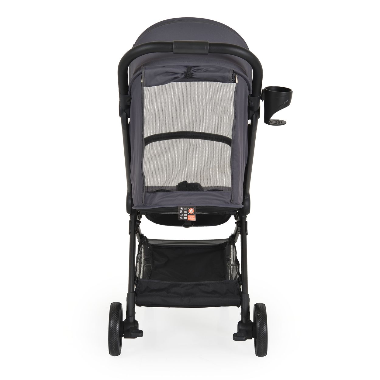 Dunkelgrauer Kinderwagen mit Netzfenster, Becherhalter und Aufbewahrungskorb.