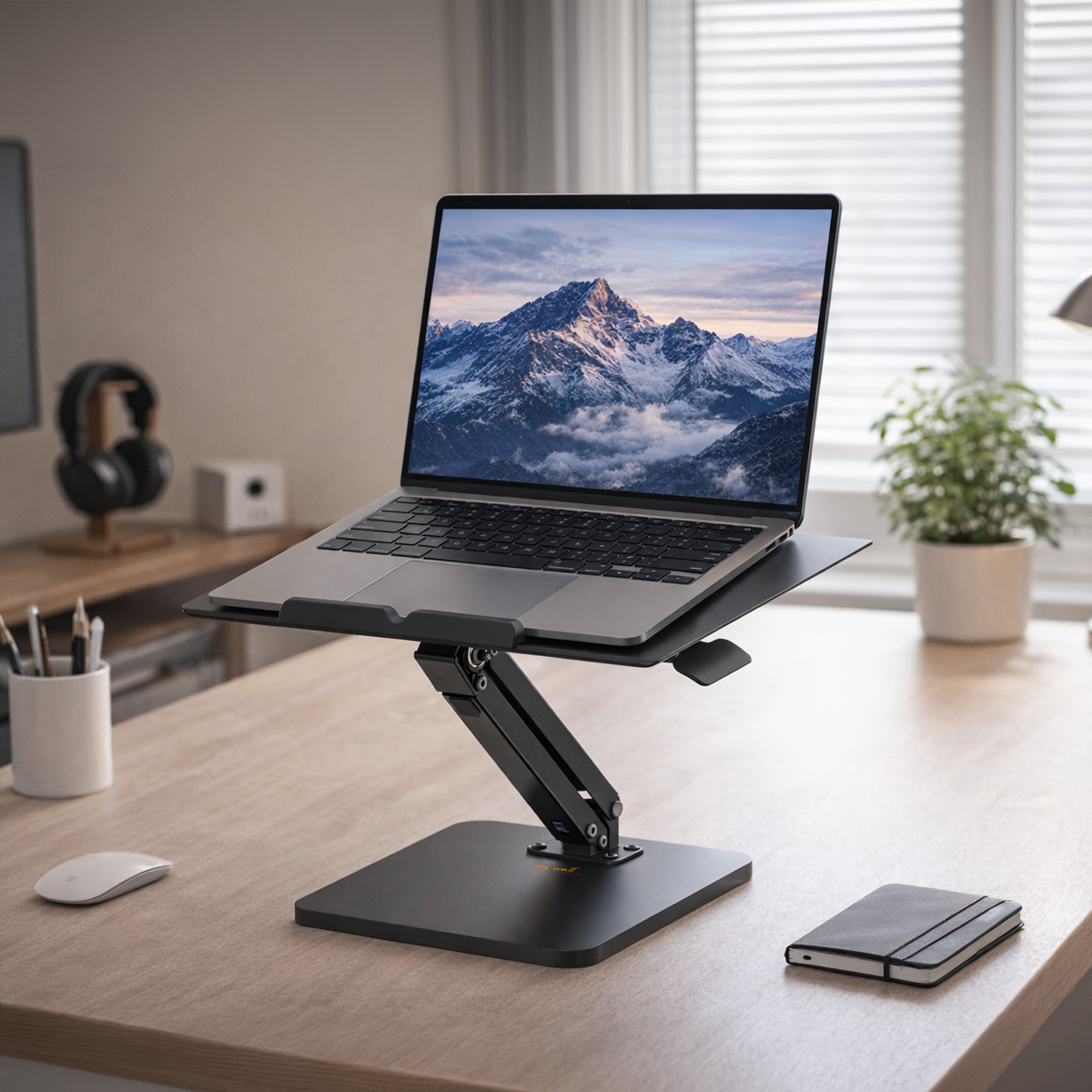 Ein Laptop auf einem schwarzen Ständer auf einem Holztisch. Ein Berg-Bild ist auf dem Laptop-Bildschirm.