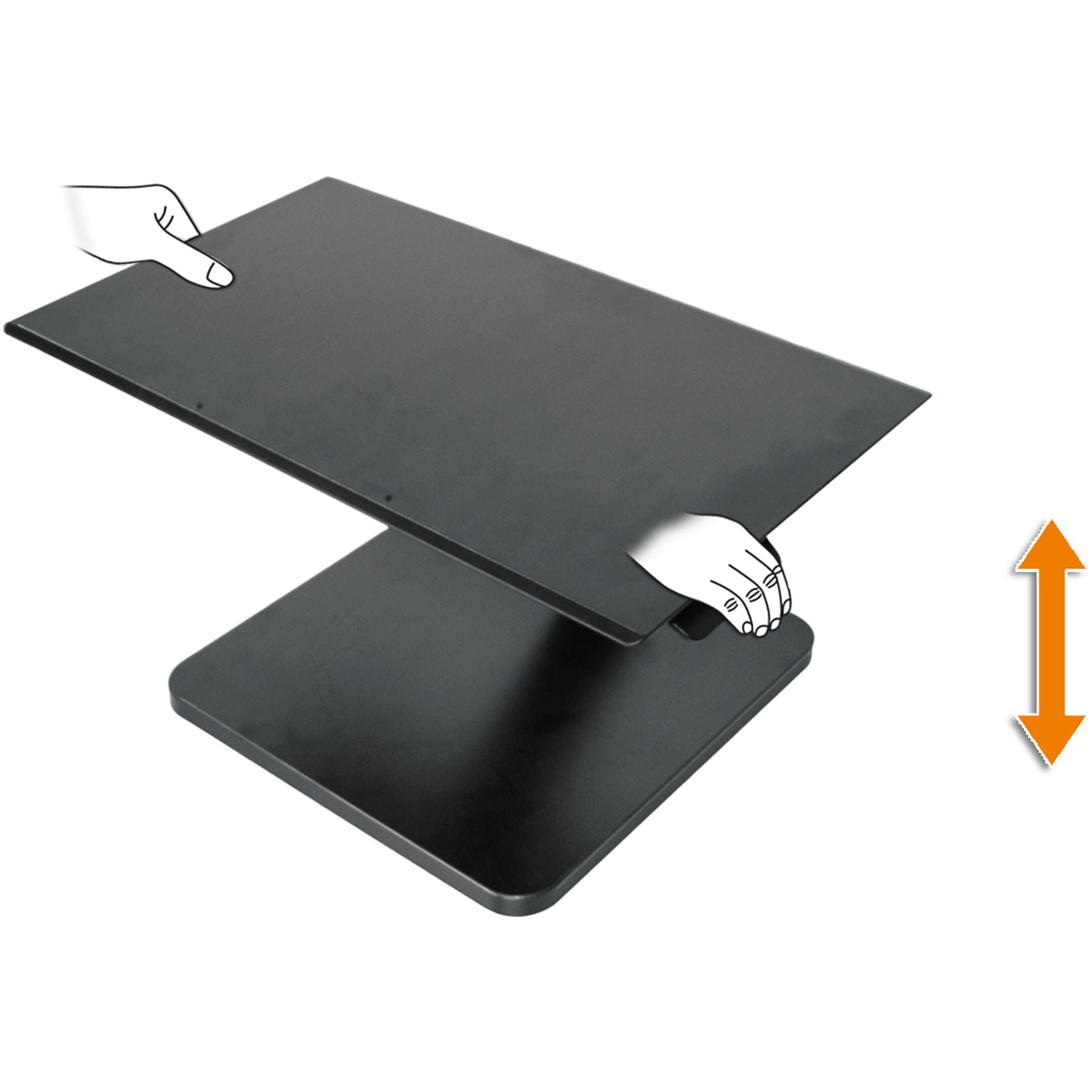 Zwei schwarze Platten, Hände bewegen obere Platte nach unten. Pfeil zeigt vertikale Bewegung.
