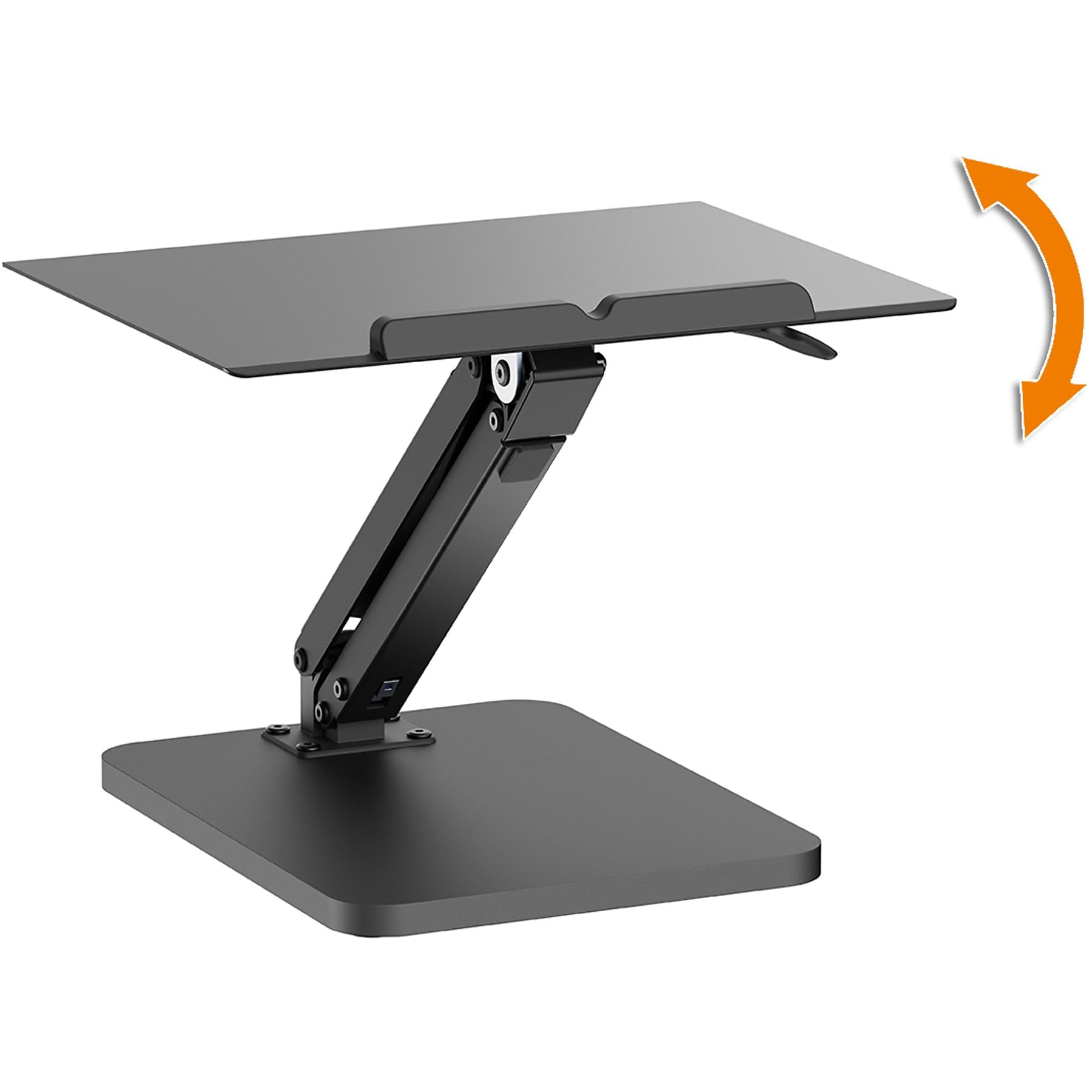 Ein schwarzer, verstellbarer Laptopständer mit breiter Basis und Gelenkarm.