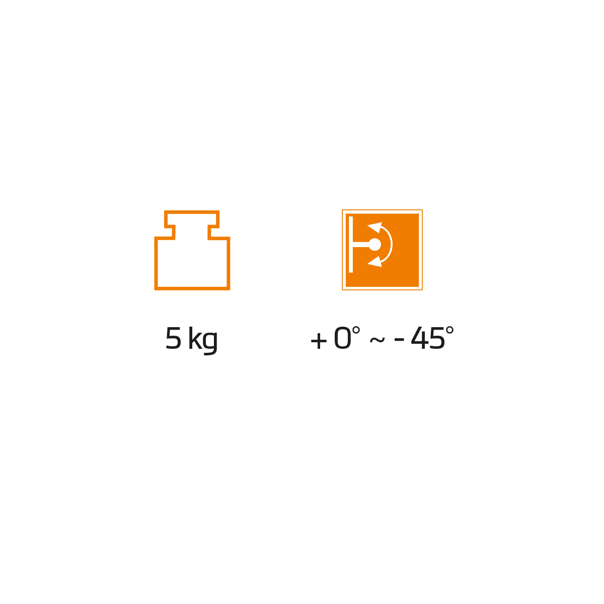 Gewicht 5 kg, Winkel 0° bis -45°.