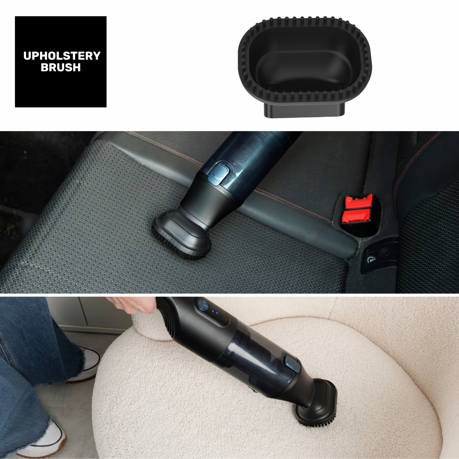 Cepillo tapicería negro para aspiradora de mano en asiento de coche y silla.