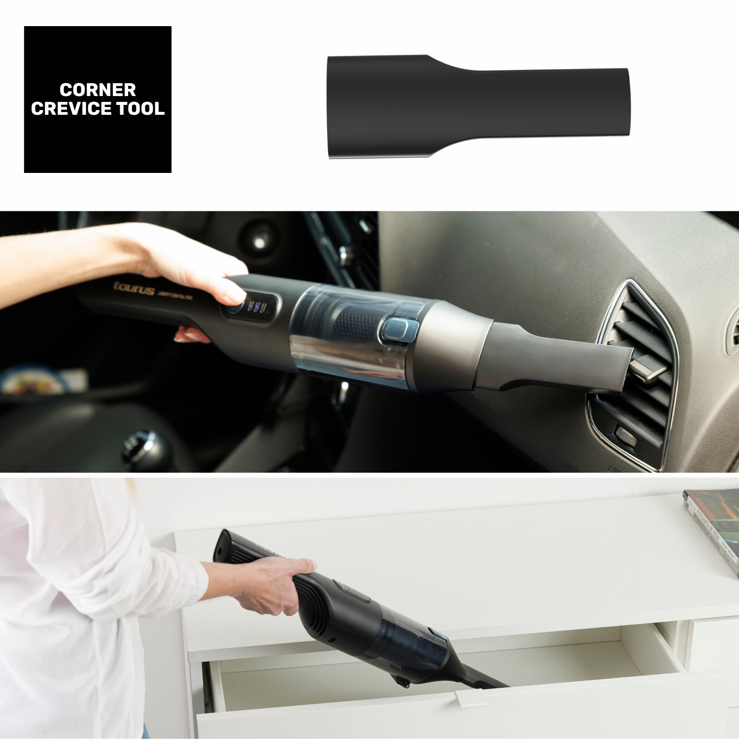 Aspiradora negra portátil limpia rejillas de ventilación de coche y un cajón.