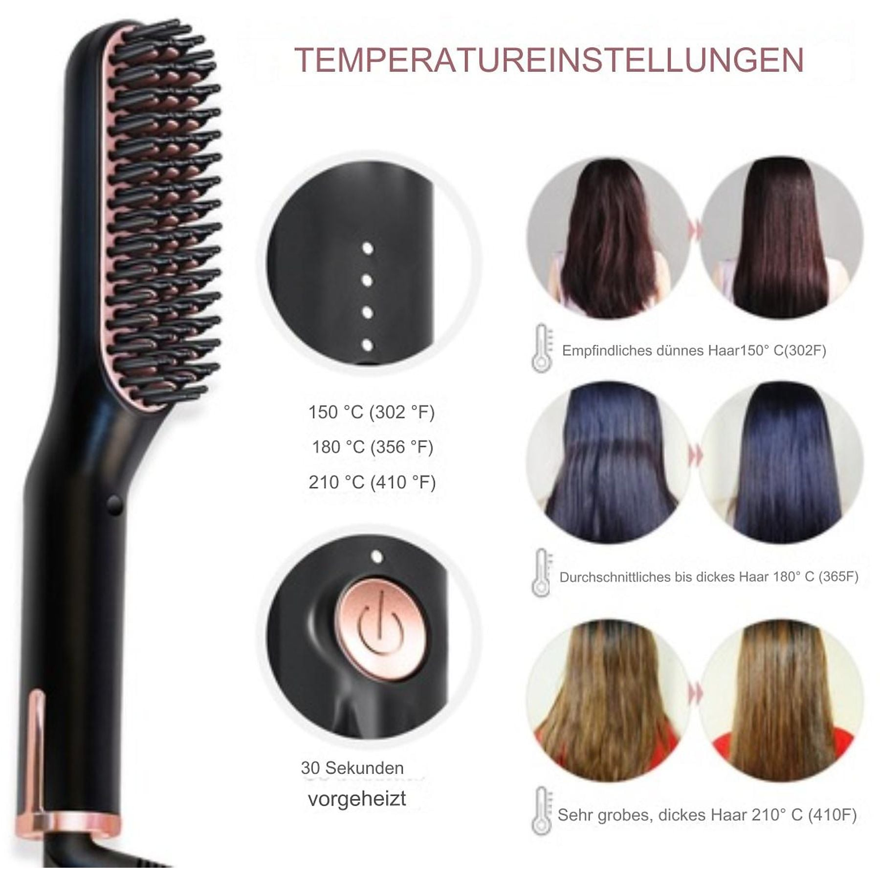 Haarglätter mit Temperaturanzeigen und Vorher-Nachher-Bildern von Haarstylings.
