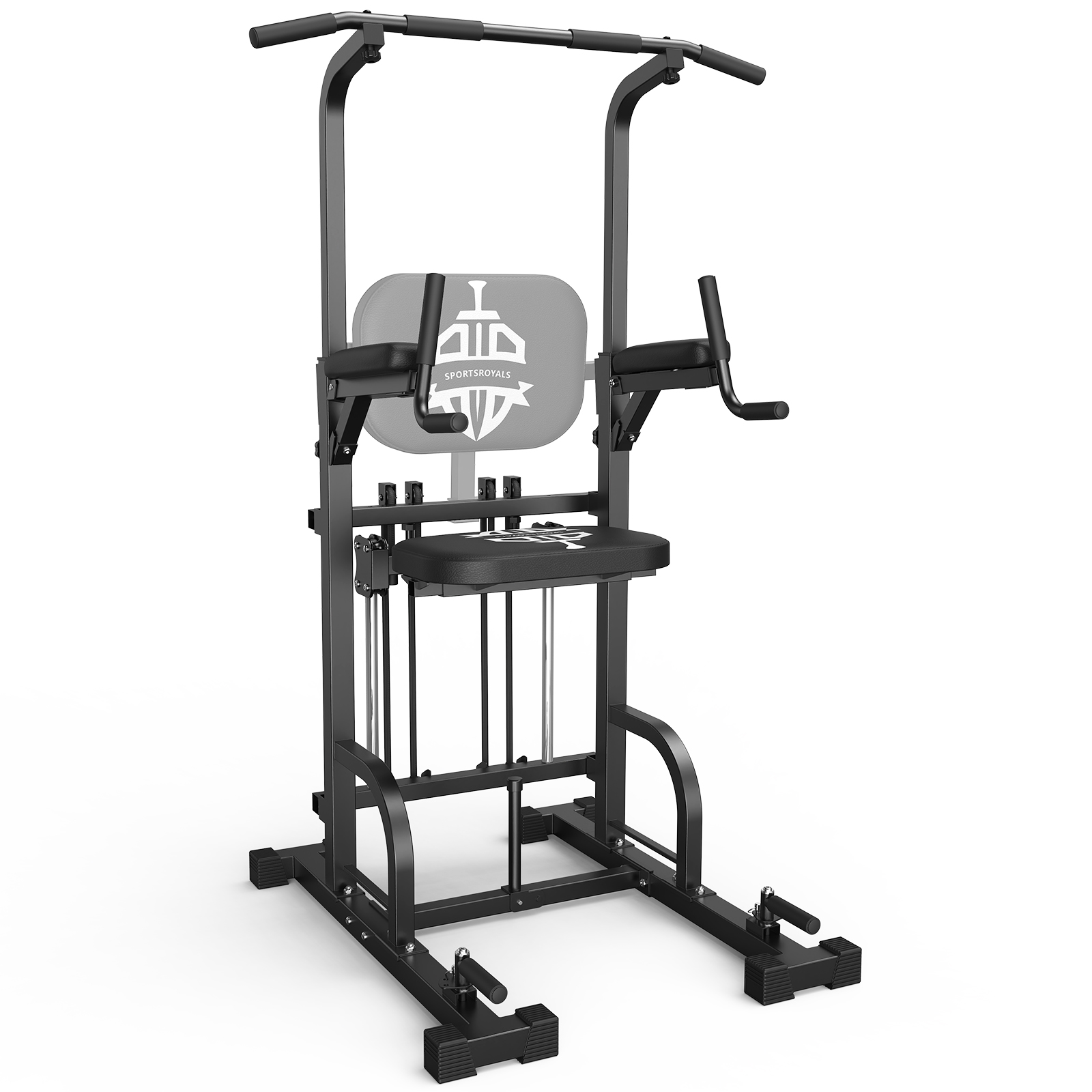 Ein schwarzes Multifunktions-Fitnessgerät mit Klimmzugstange, Dip-Station und Rückenlehne.