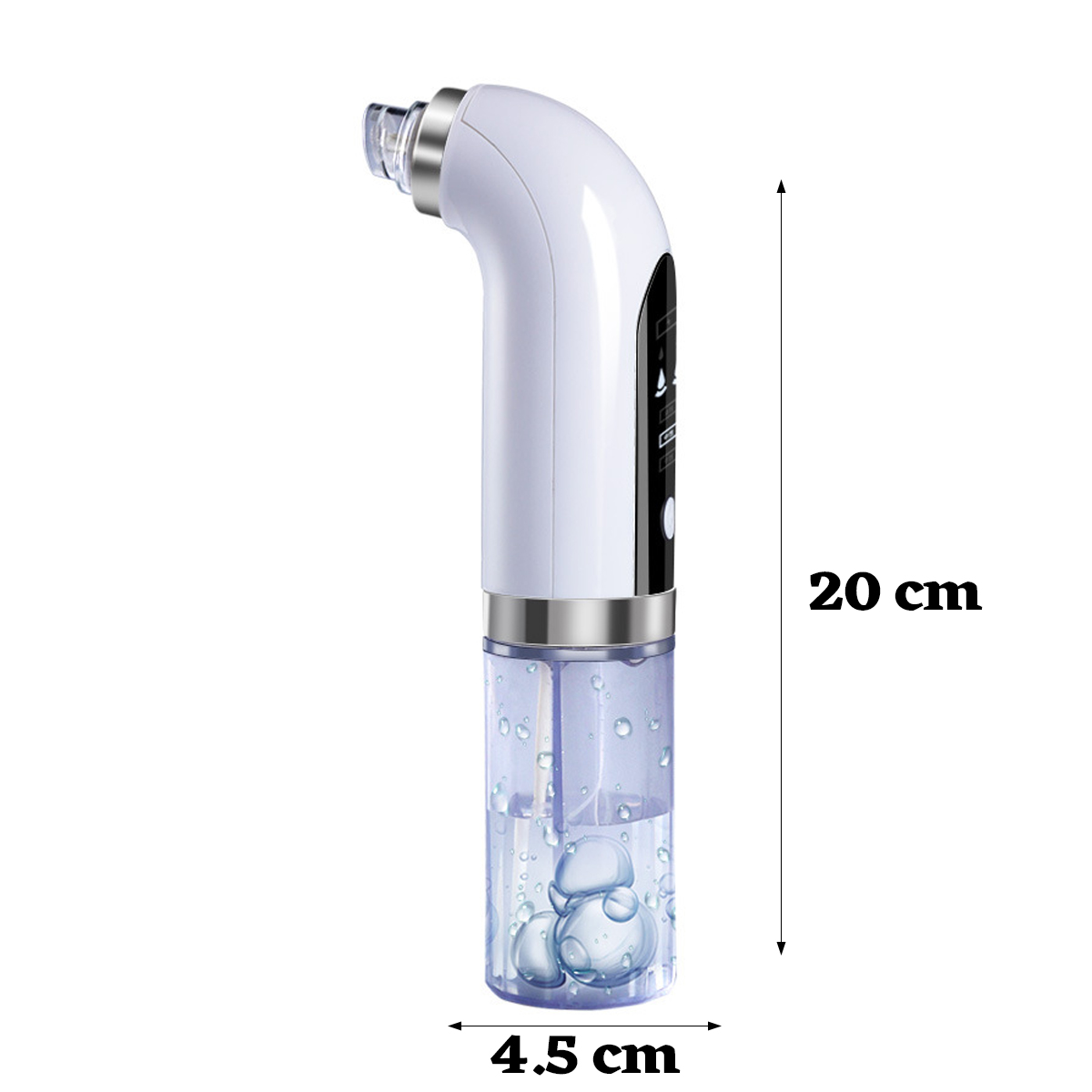 Ein weißes Hautpflegegerät mit einem transparenten Behälter, 20 cm hoch und 4,5 cm breit.