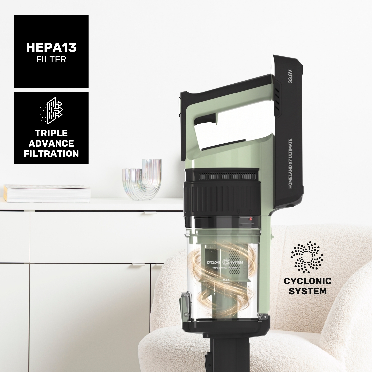 Una aspiradora HEPA13 con sistema ciclónico y triple filtración.