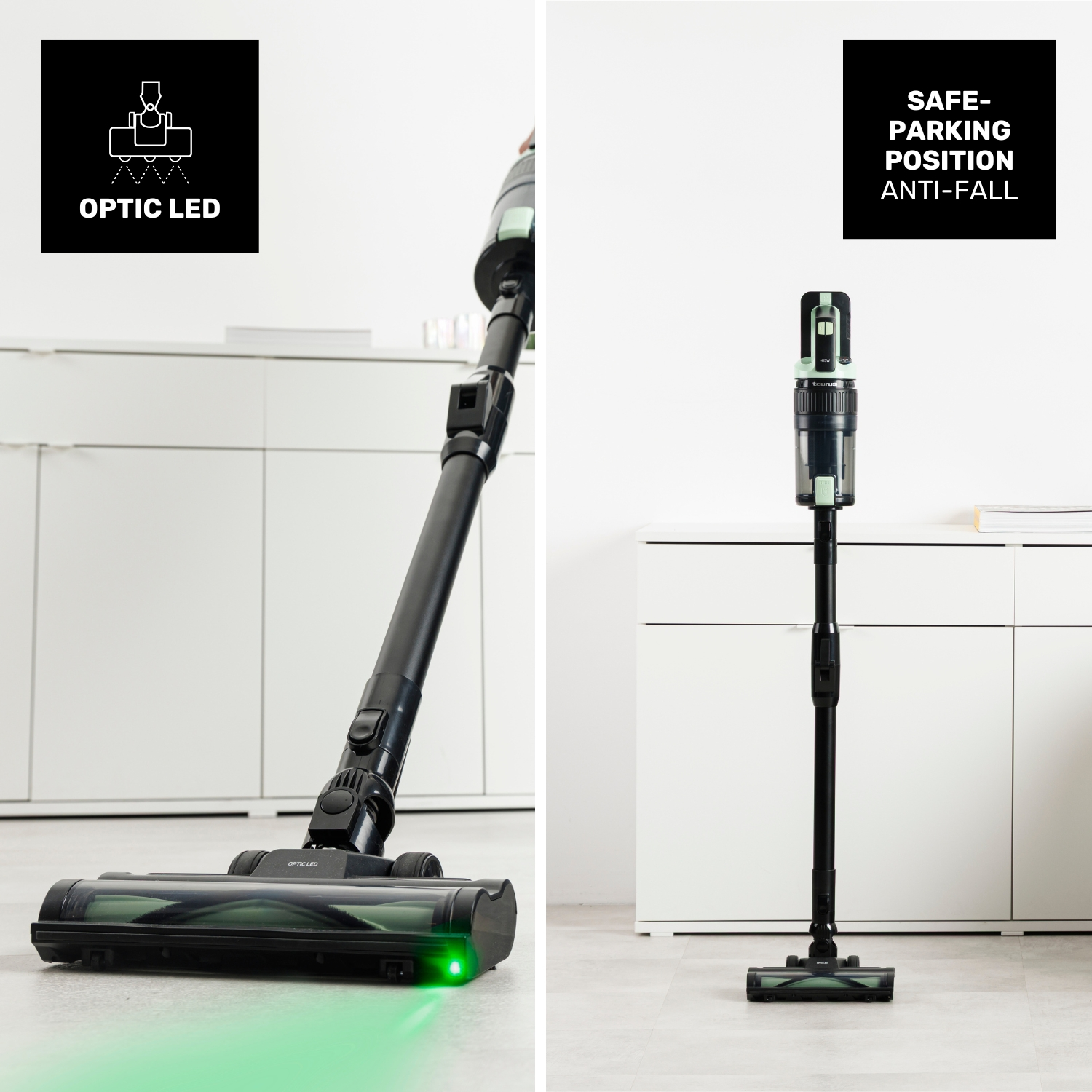 Una aspiradora negra sin cable con luces LED verdes, en uso y vertical.