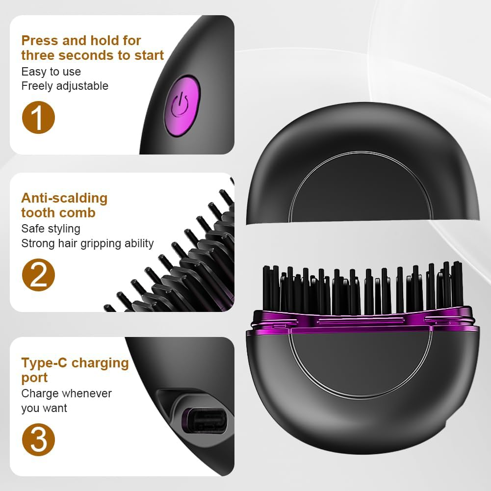 Ein schwarzer Kamm mit violetten Akzenten, der als Haarglätter dient. Zeigt Ladeanschluss und Bürsten.