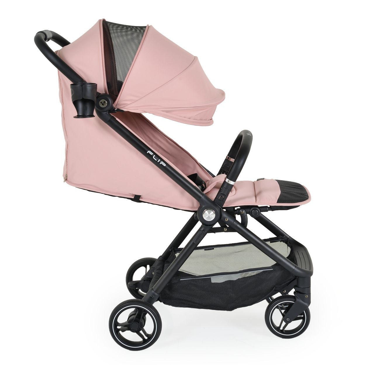 Ein rosafarbener Kinderwagen mit schwarzem Gestell und Rädern auf weißem Hintergrund.