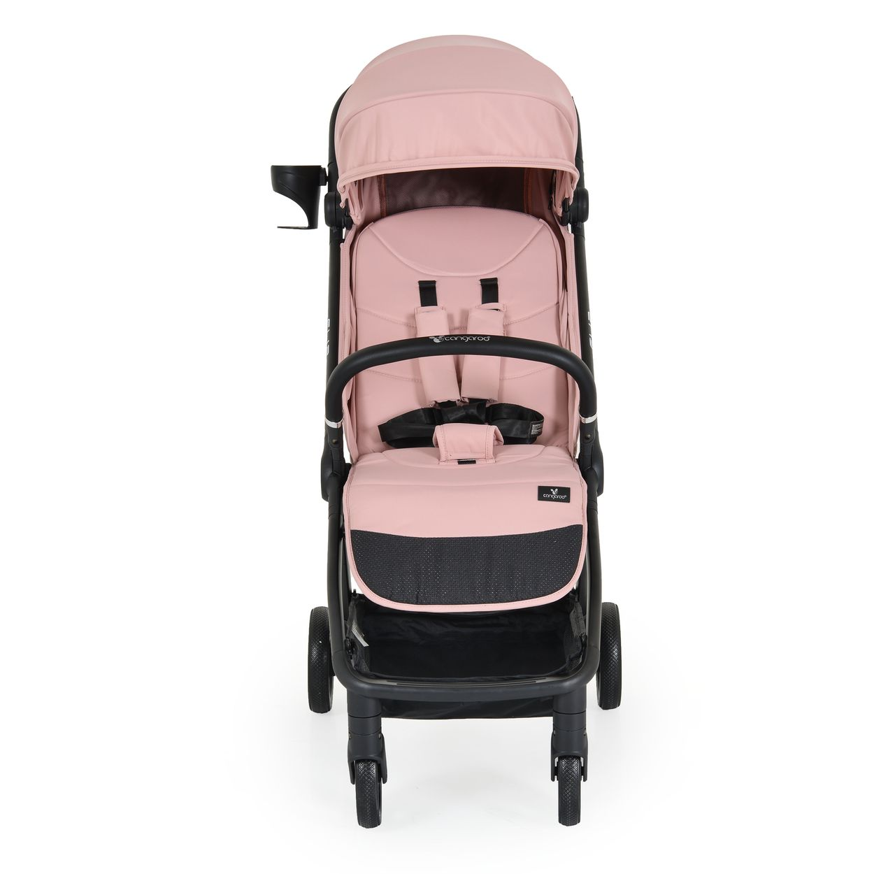 Ein rosafarbener Kinderwagen mit schwarzem Gestell und Sicherheitsgurten.