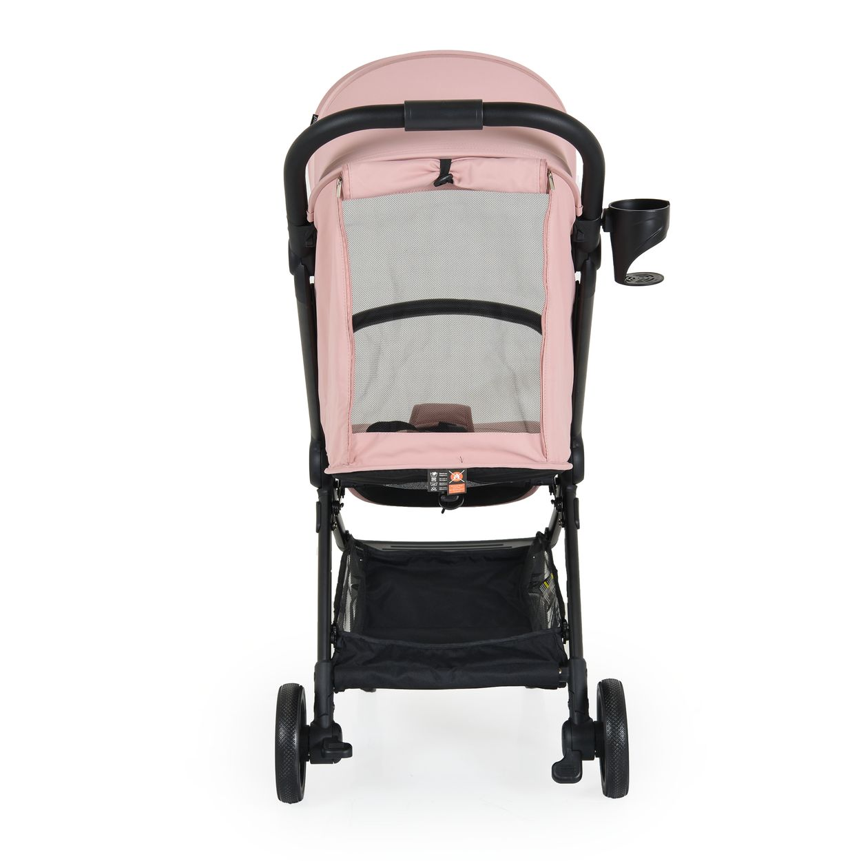 Ein rosafarbener Kinderwagen mit schwarzem Gestell, Netzfenster und Aufbewahrungskorb.