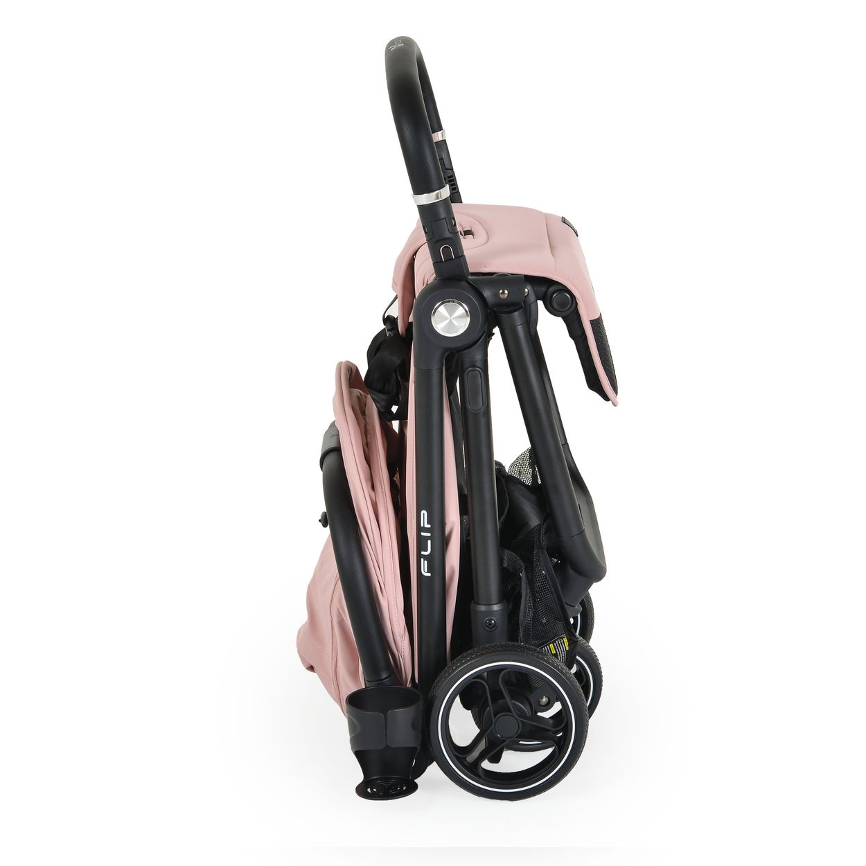 Ein zusammengeklappter rosa Kinderwagen mit schwarzem Griff und Rädern.