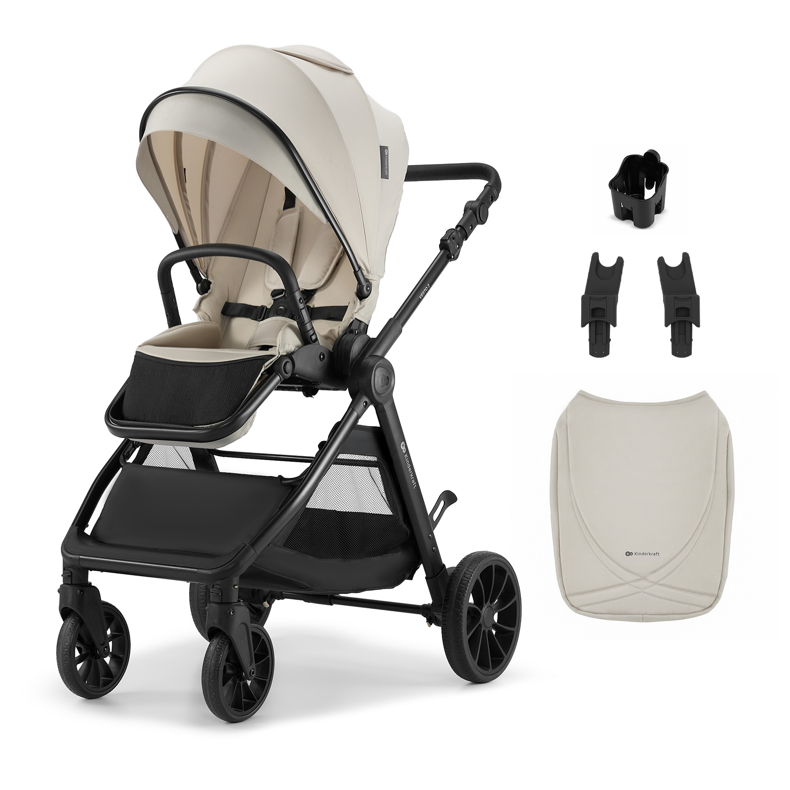 Ein beiger Kinderwagen mit Zubehör auf weißem Hintergrund.