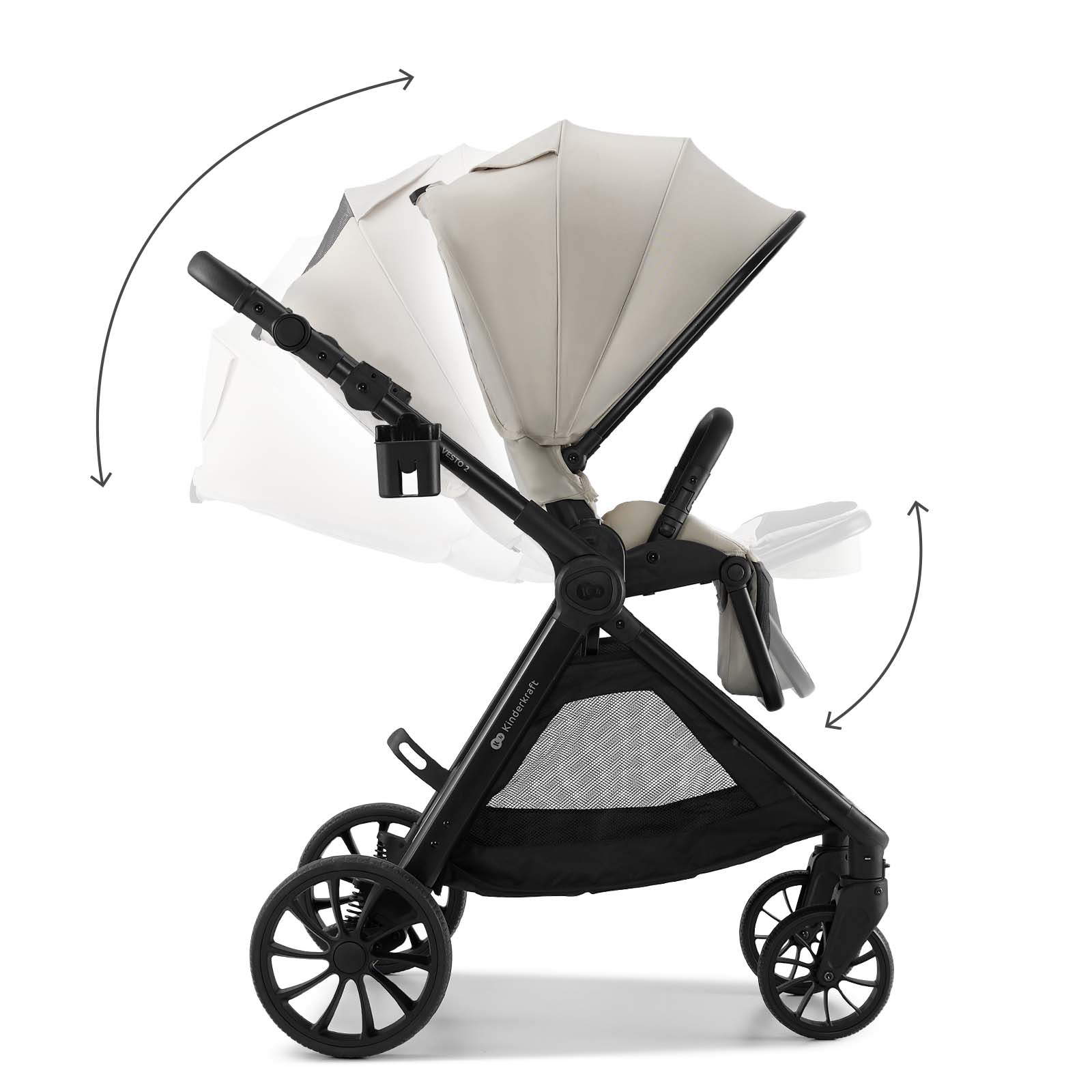 Ein beiger Kinderwagen mit schwarzem Gestell und Rädern, der sich zusammenklappt.