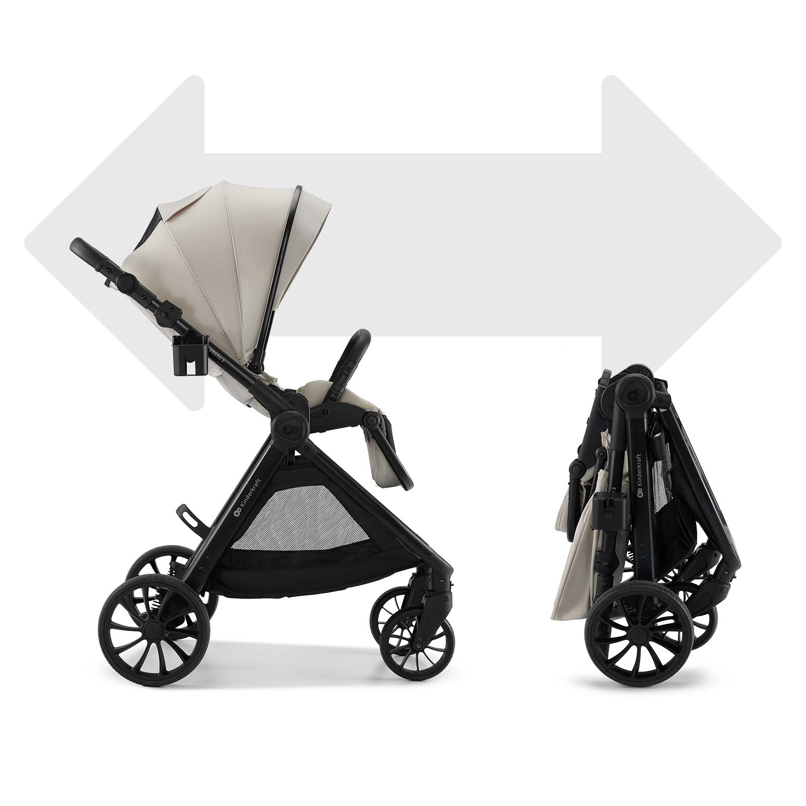 Ein Kinderwagen in Beige und Schwarz, aufgestellt und zusammengeklappt.
