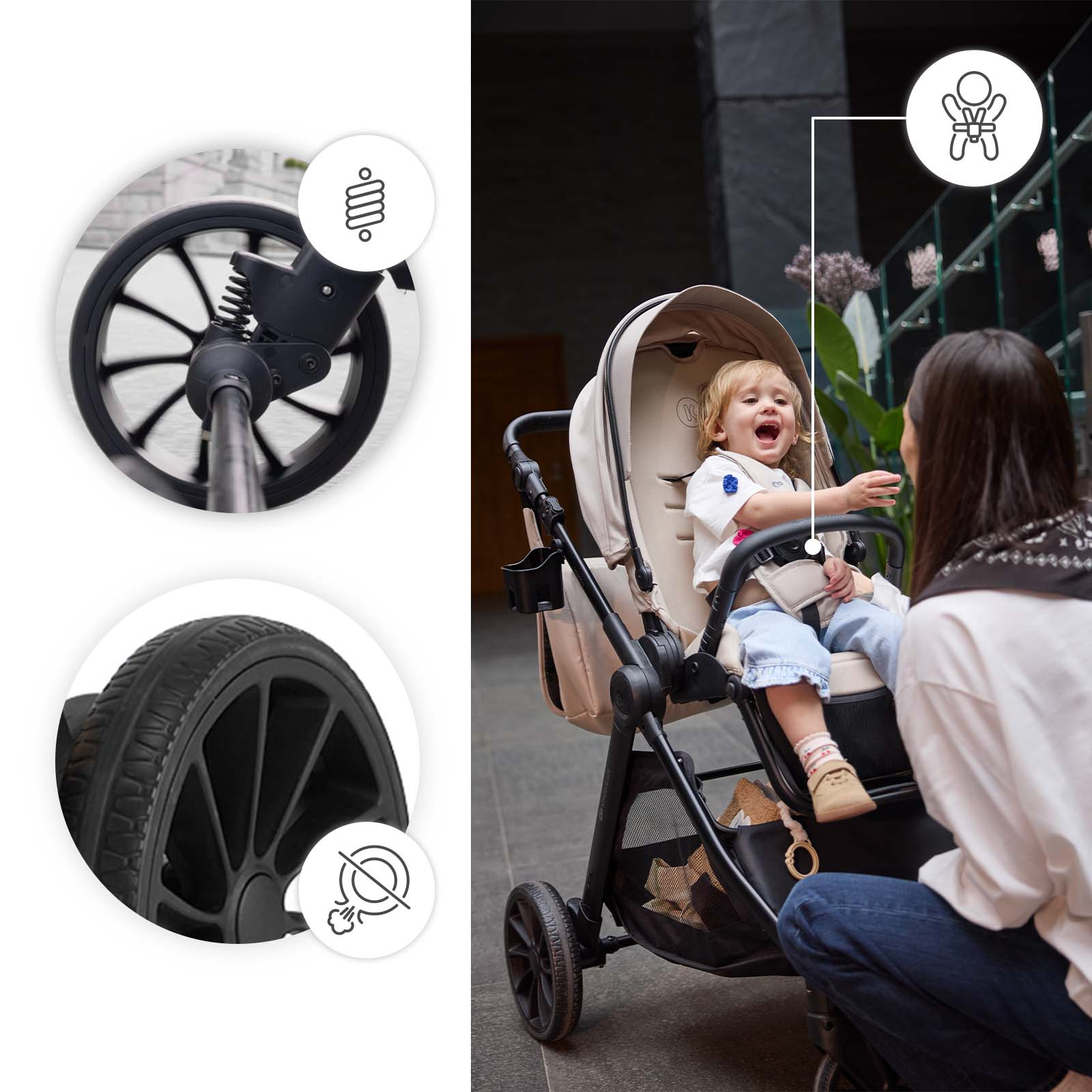 Baby im Kinderwagen mit Stoßdämpfer und pannensicherem Reifen vor einer Frau.