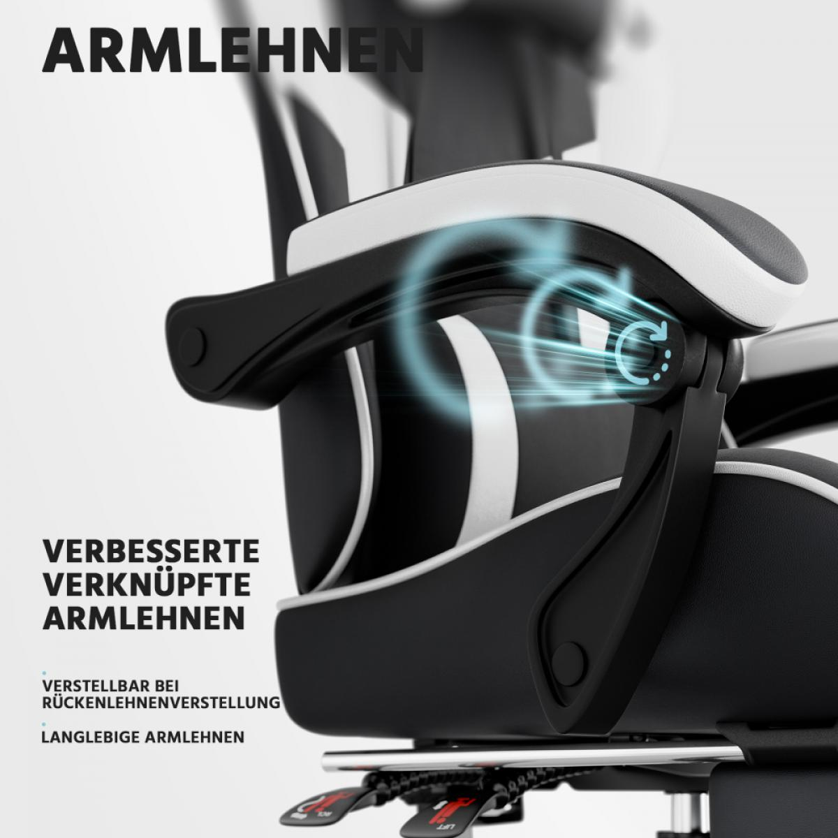 Nahaufnahme einer schwarzen Gaming-Stuhlarmlehne mit blauen Akzenten und Einstellungssymbol.
