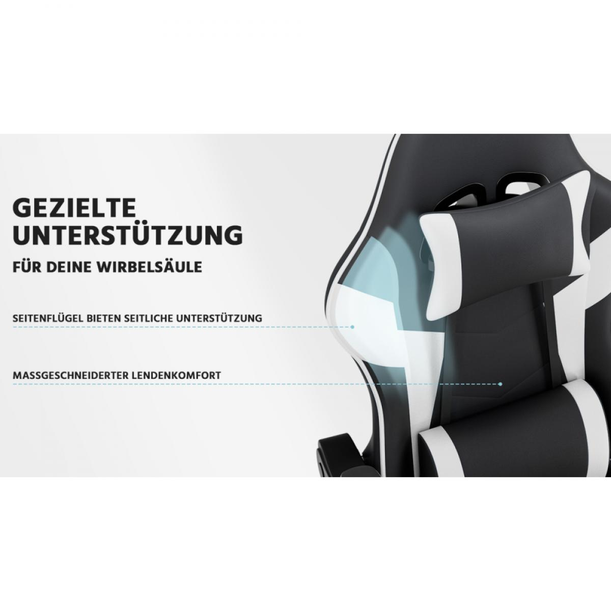 Ein schwarzer Gaming-Stuhl mit weißen Akzenten, der gezielte Unterstützung für die Wirbelsäule bietet.