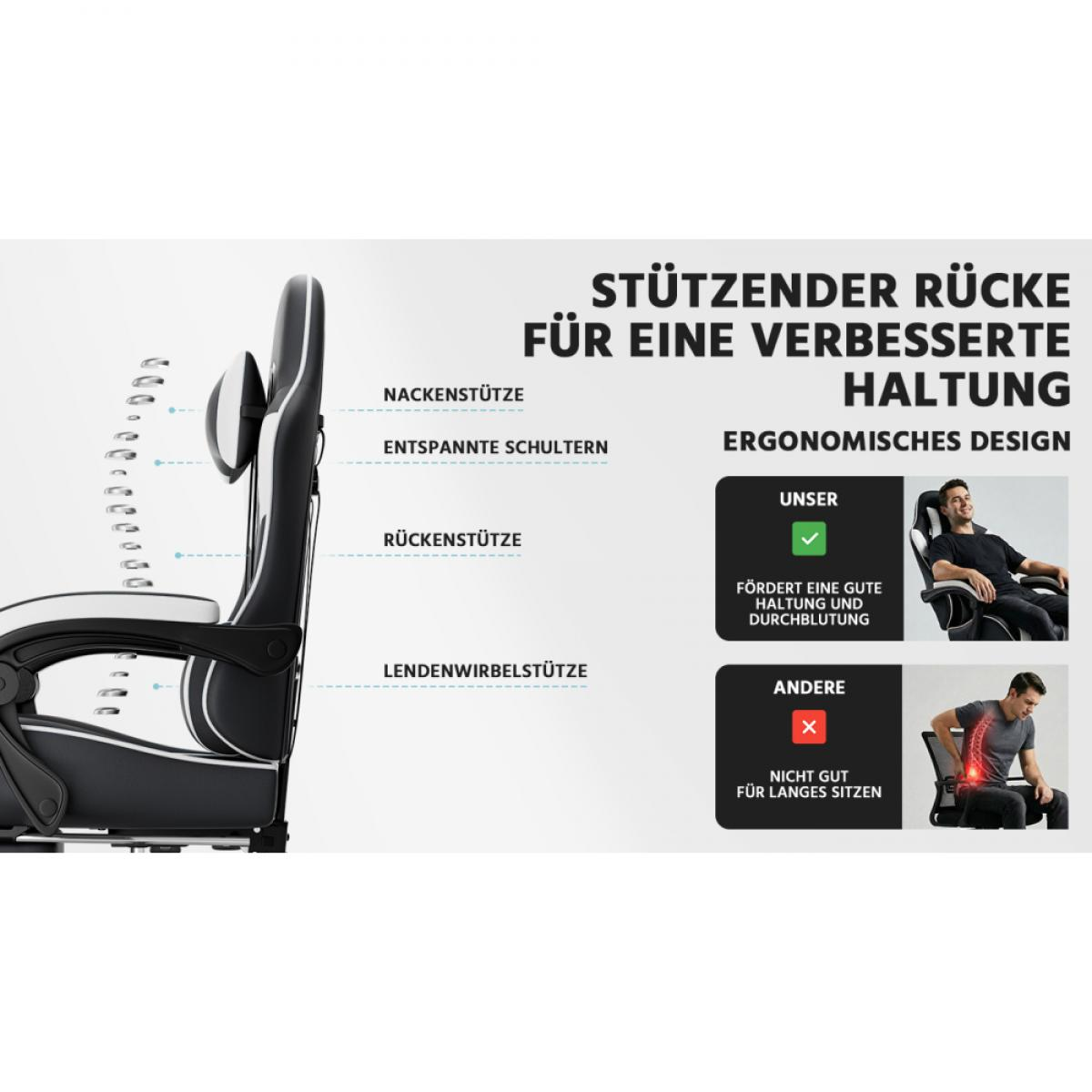 Ergonomischer Stuhl mit Nacken-, Rücken- und Lendenwirbelstütze; Vergleich mit anderem Stuhl.