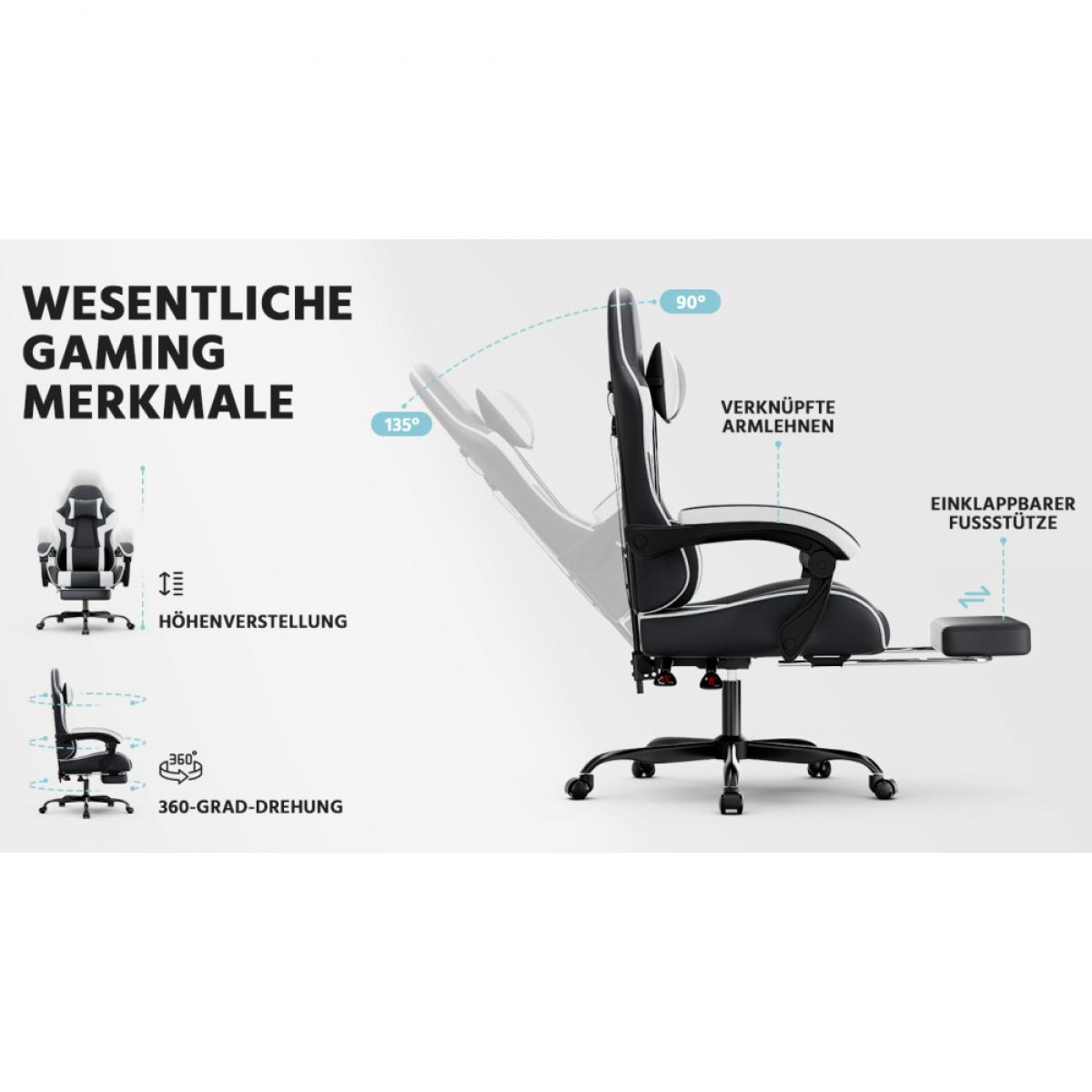 Gamingstuhl mit verstellbarer Rückenlehne, Armlehnen, Fußstütze und Höhenverstellung.