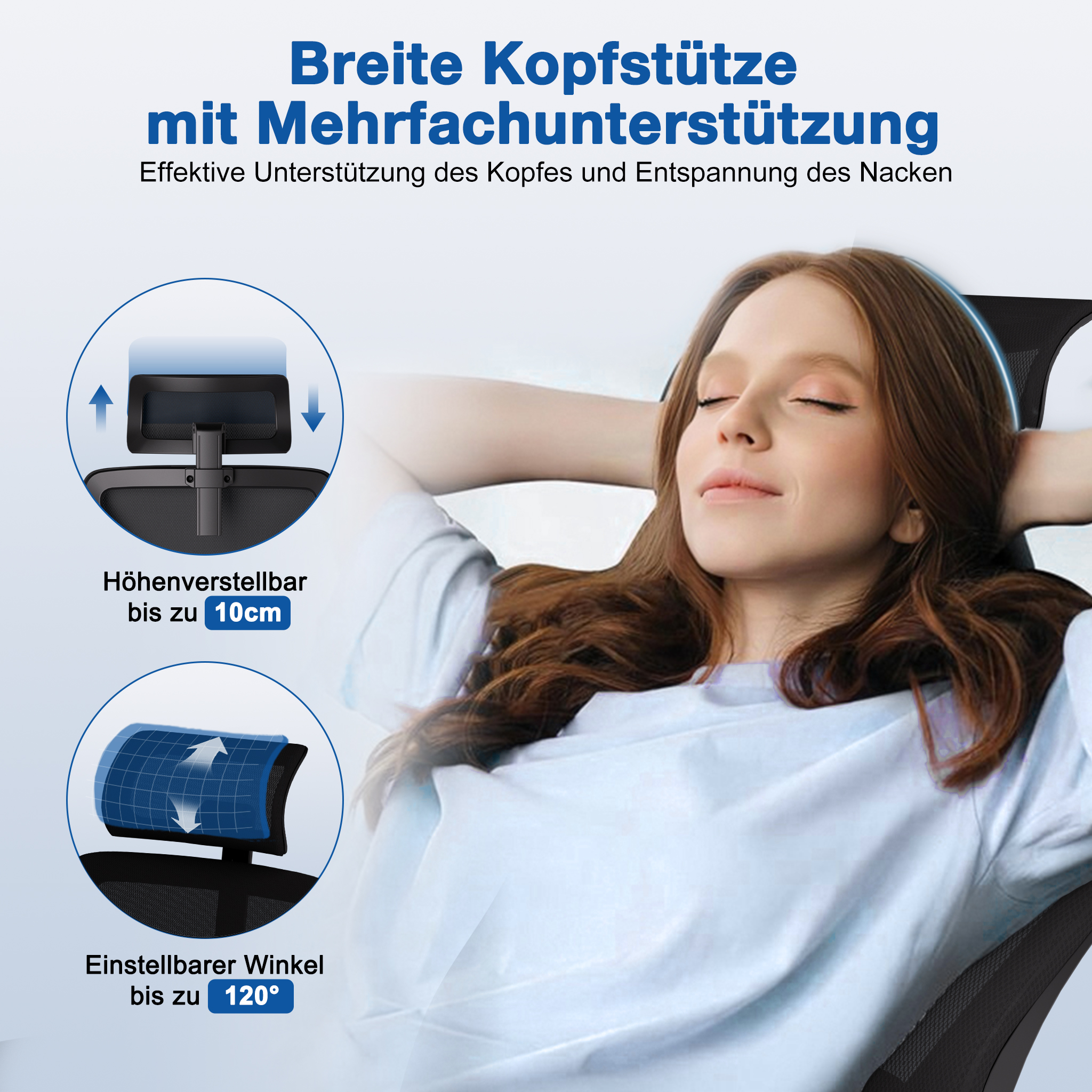 Frau entspannt sich in einem Bürostuhl mit verstellbarer Kopfstütze, die 10cm höhenverstellbar ist.