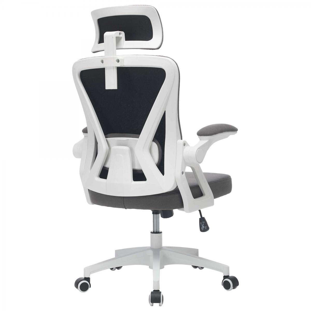 Ein ergonomischer Bürostuhl mit weißem Rahmen, schwarzem Netzrücken und grauer Sitzfläche.