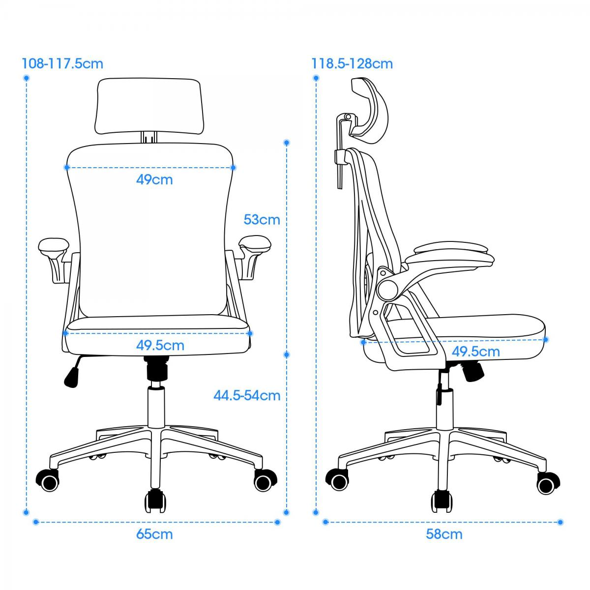 Diagramm eines Bürostuhls mit Maßen: Gesamthöhe 108-128cm, Sitzhöhe 44.5-54cm, Breite 65cm.