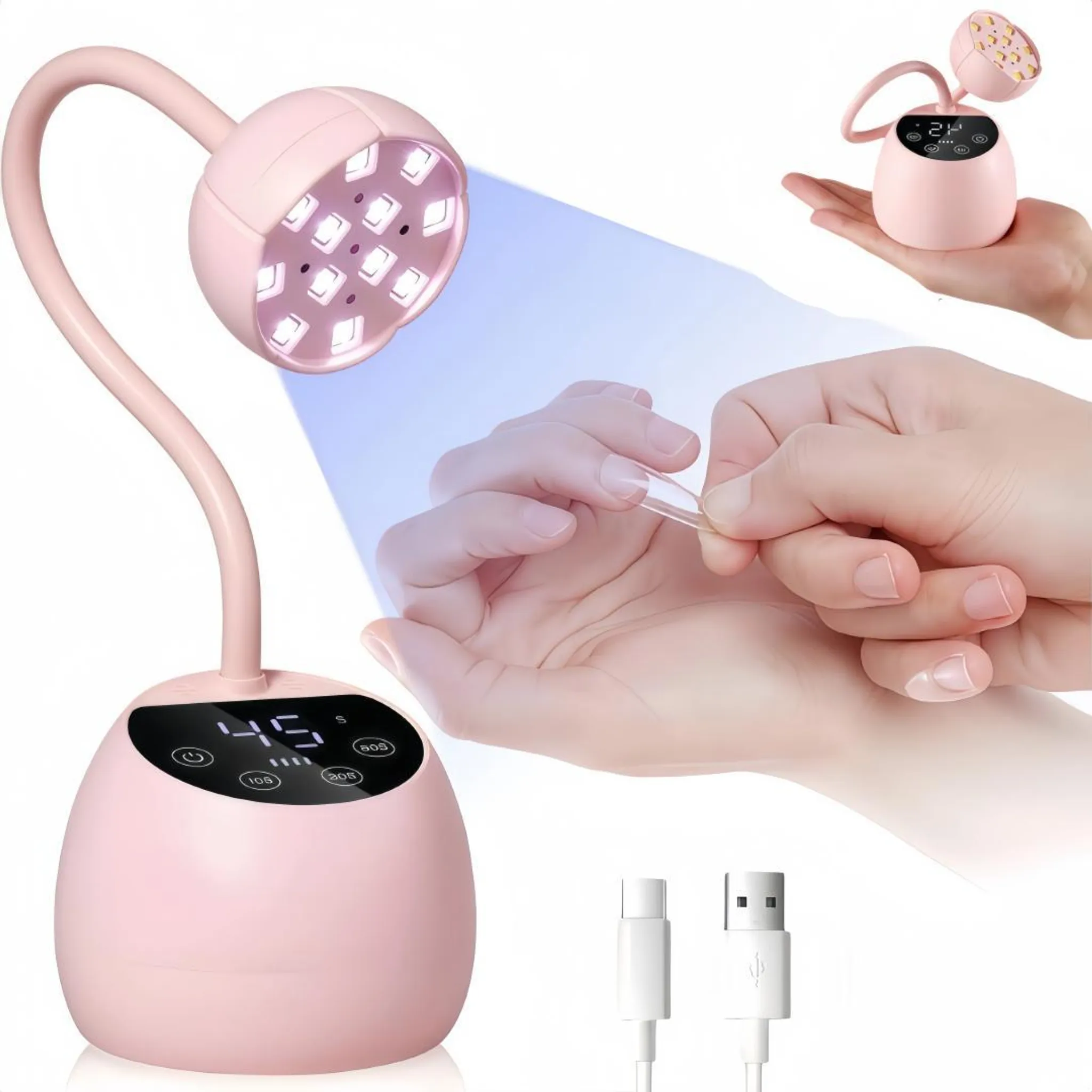 Eine pinke Nagellampe mit LED-Lichtern und Timer wird verwendet, um einen künstlichen Fingernagel anzubringen.