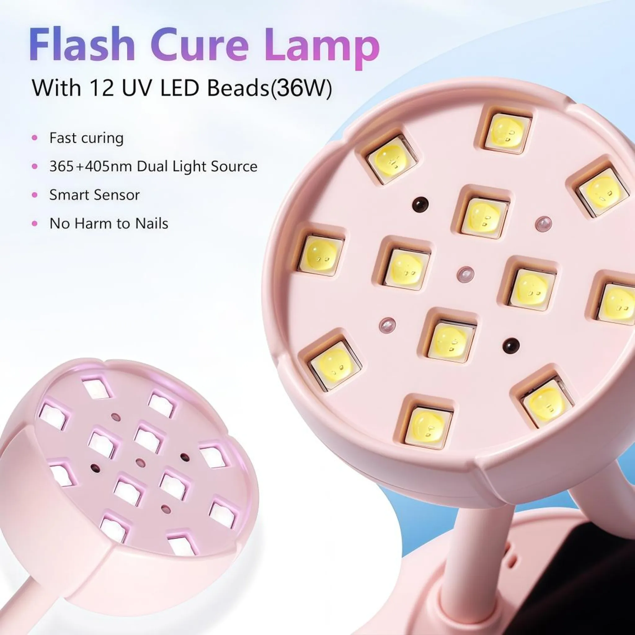Eine rosafarbene UV-Nagellampe mit 12 LEDs und Text zu ihren Funktionen.
