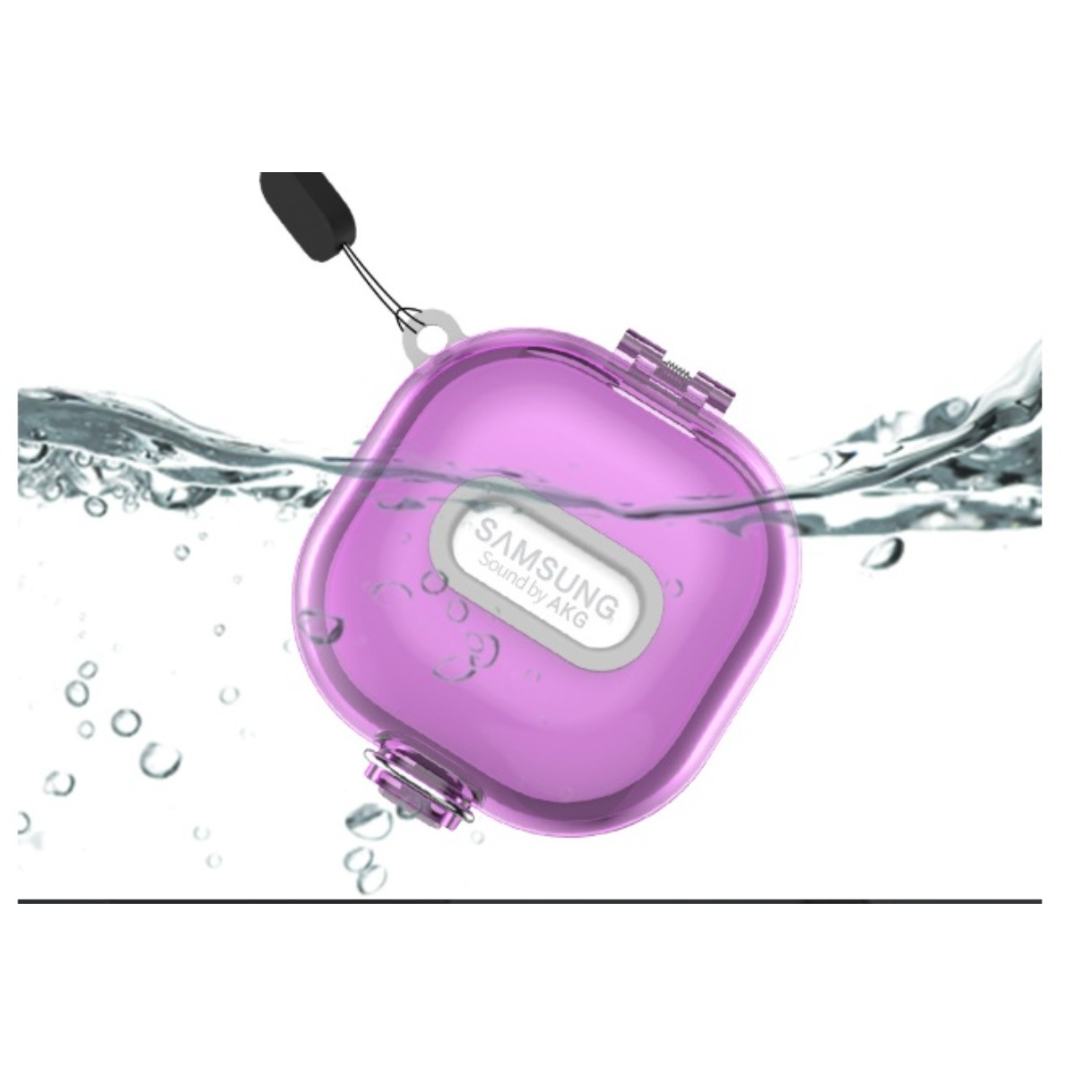 Ein lila Samsung Sound by AKG Etui unter Wasser mit Blasen.
