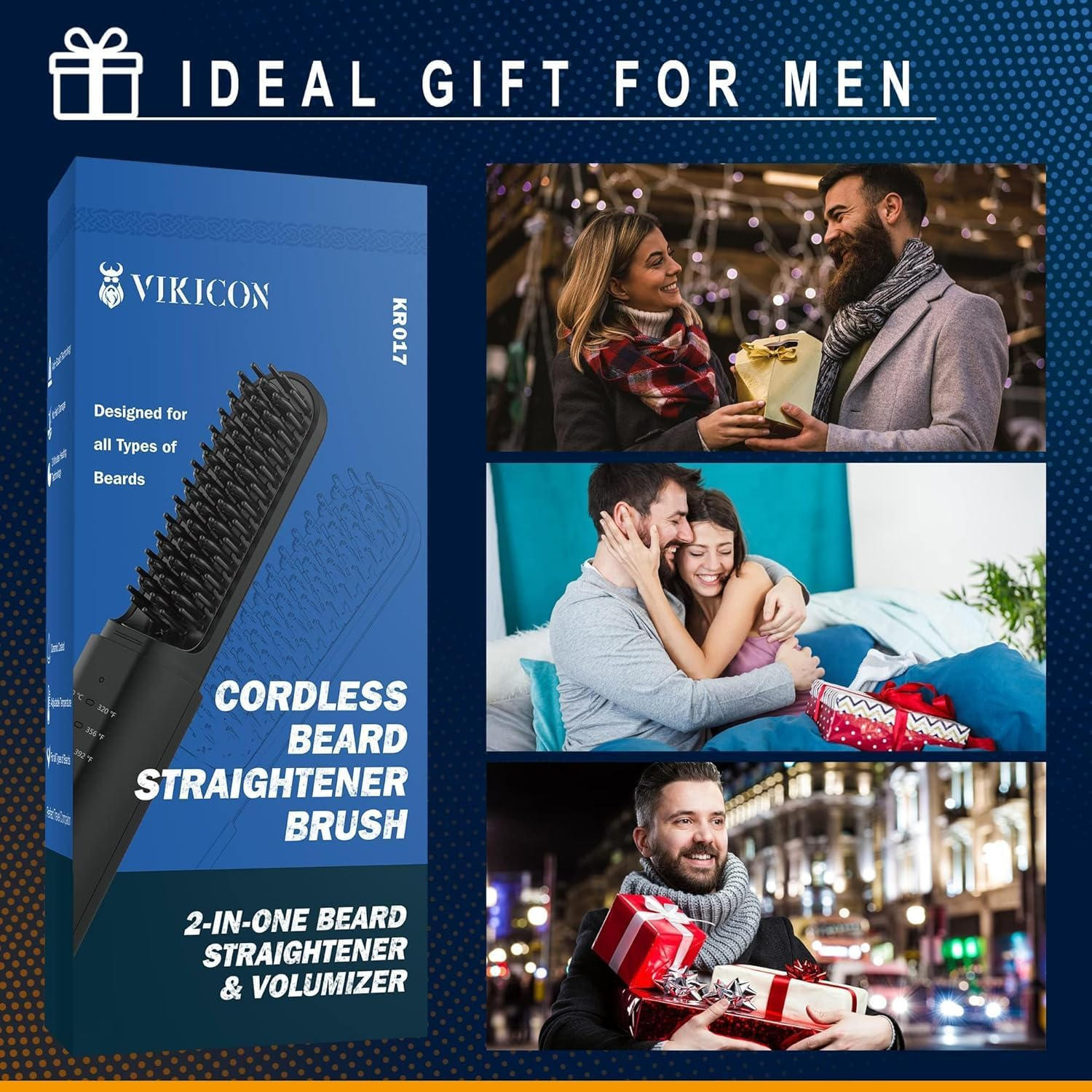 Geschenkbox und Bartglättbürste. Drei Bilder zeigen Männer, die Geschenke erhalten.