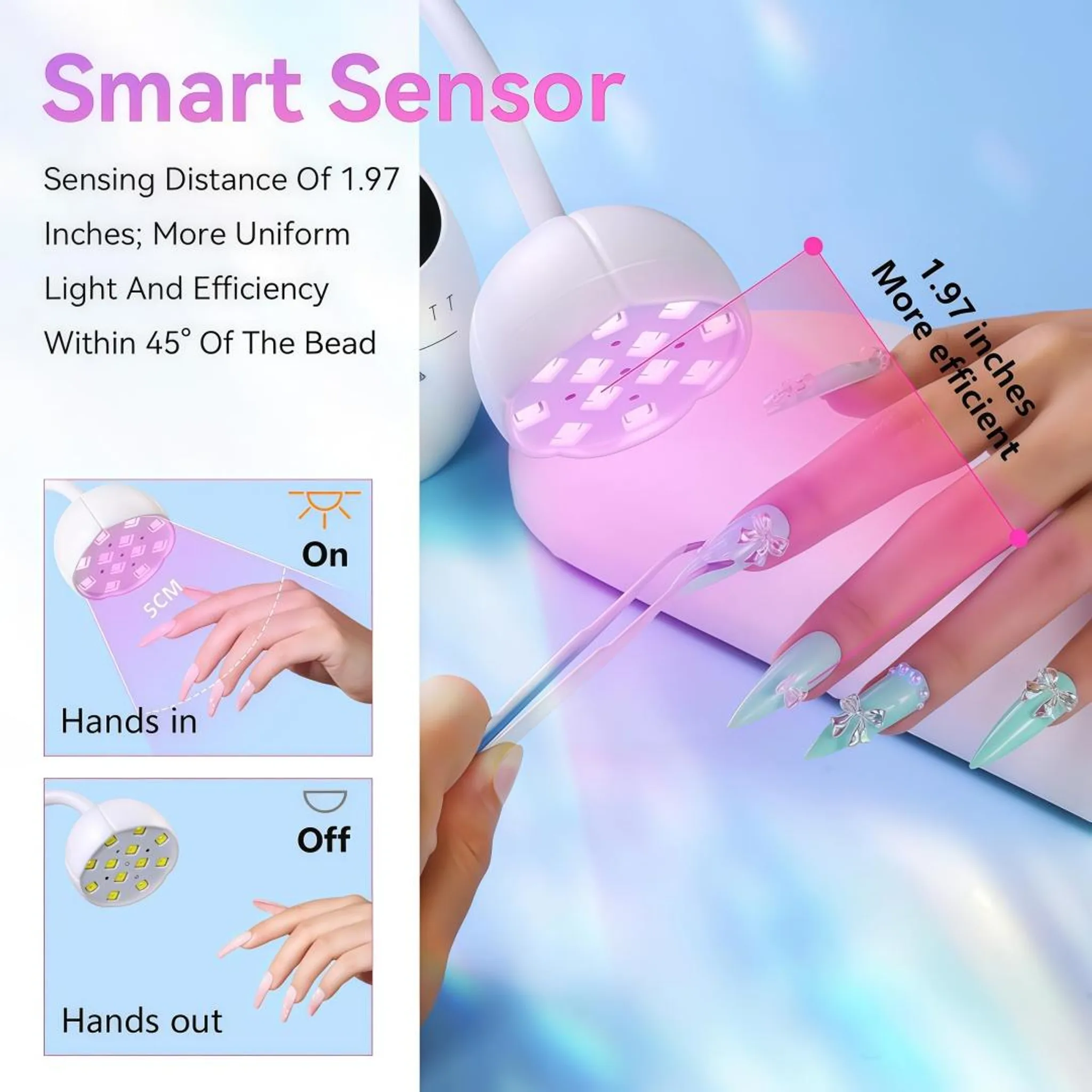 Nageltrockner mit Sensor und LEDs. Hände werden erkannt und Licht aktiviert.