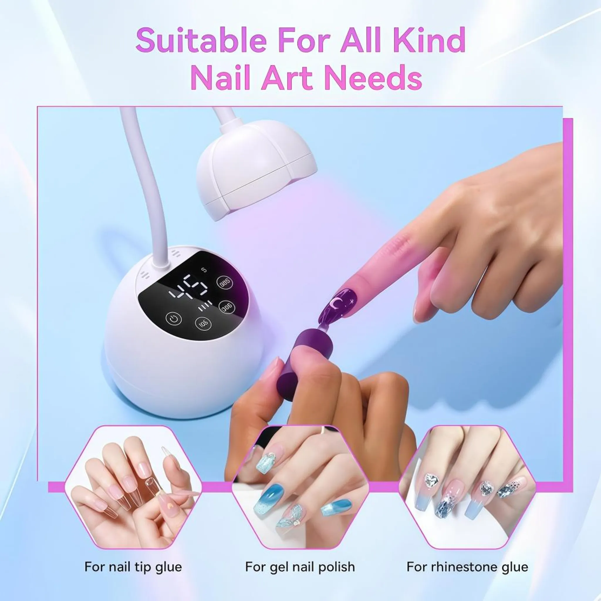 Ein weißer Nageltrockner mit Timer, der eine Hand mit lila Nagellack trocknet.