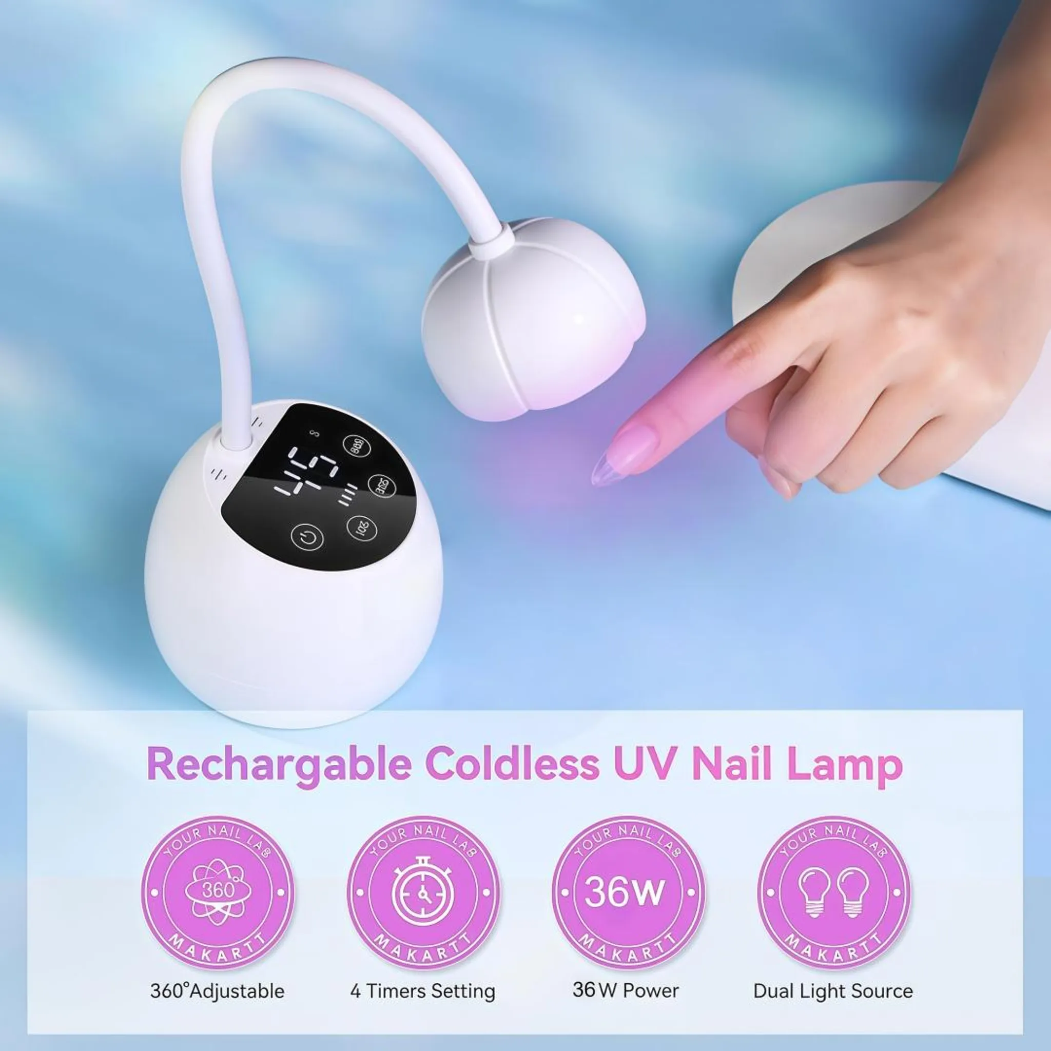 Eine weiße UV-Nagellampe mit flexiblem Hals wird mit einem Finger unter ihrem Licht gezeigt.