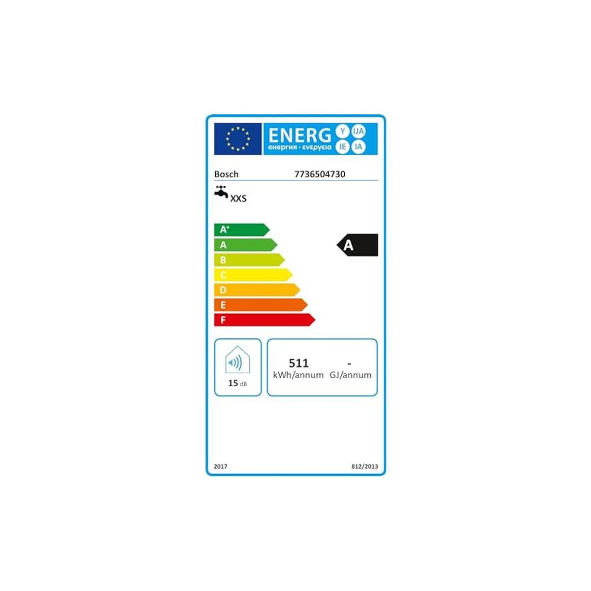 Energielabel für Bosch XXS Gerät: A-Bewertung, 15 dB Schall, 511 kWh/Jahr.