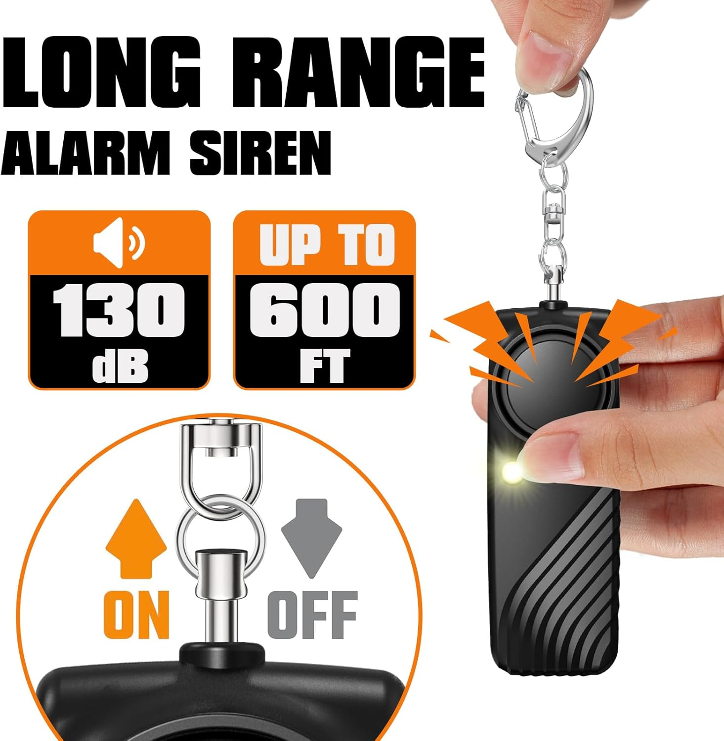 Langstrecken-Alarm: 130 dB, 600 Fuß. Hand hält schwarze Sirene mit Licht. EIN/AUS-Anzeigen.