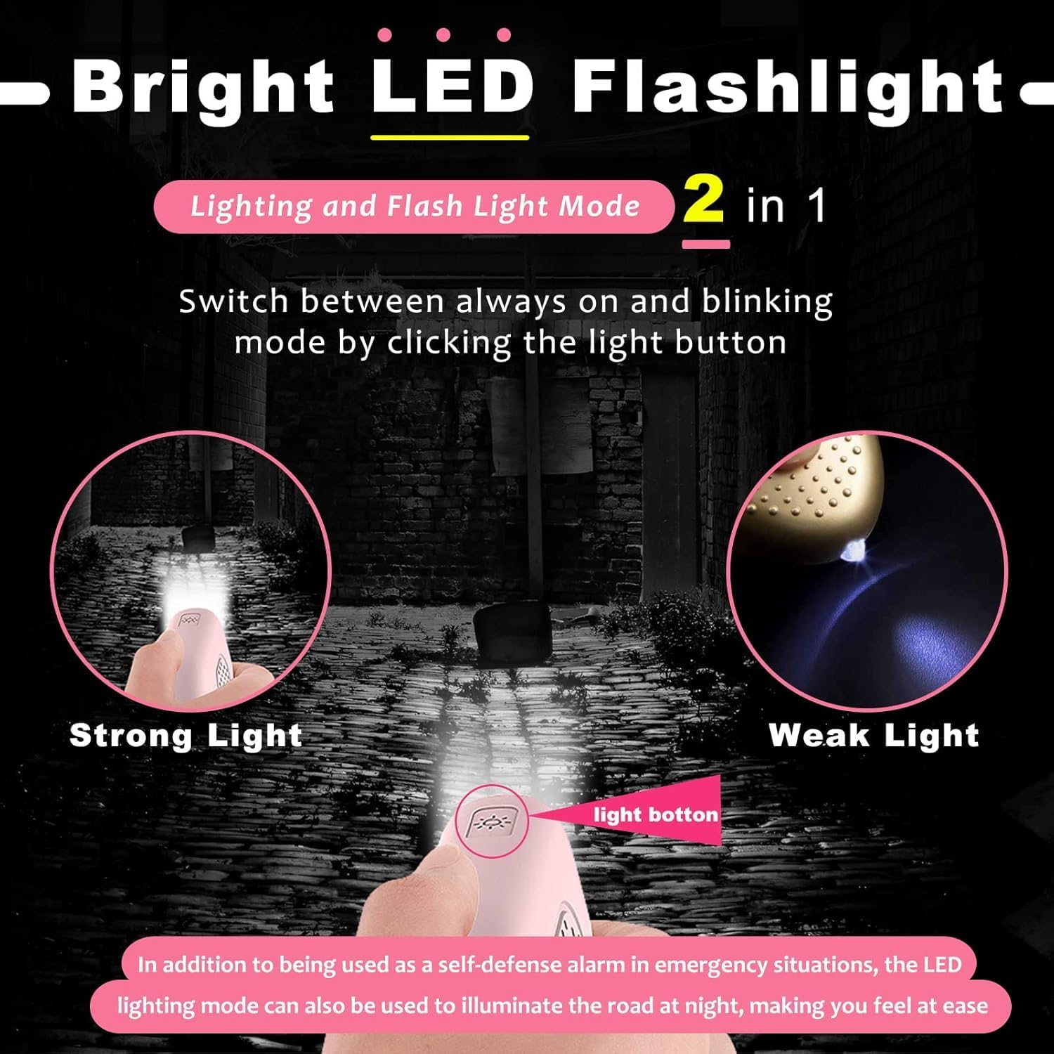 Pinke LED-Taschenlampe mit starkem und schwachem Lichtmodus, zur Beleuchtung oder als Alarm.