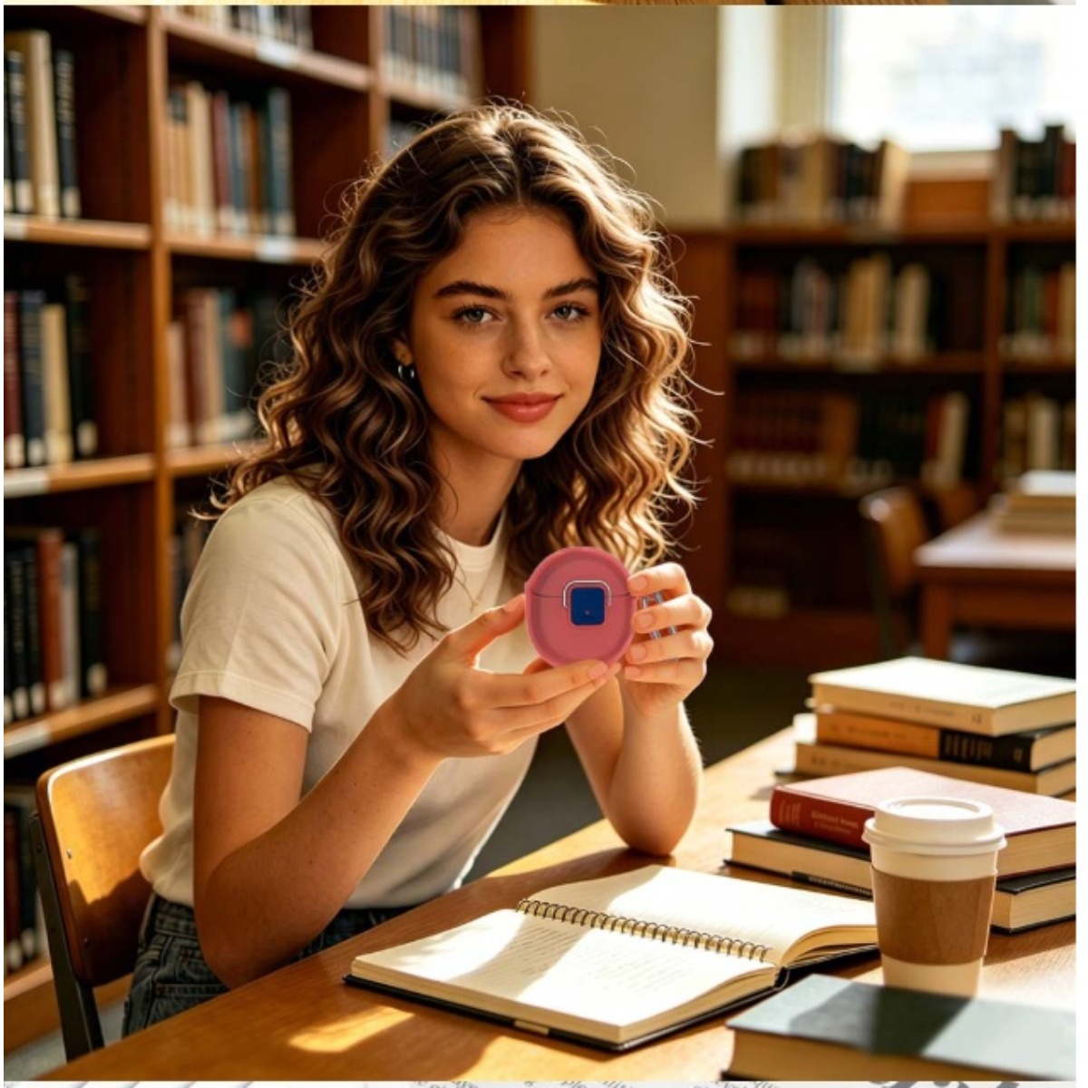 Junge Frau mit Locken im Haar hält eine rosafarbene Hülle in einer Bibliothek.