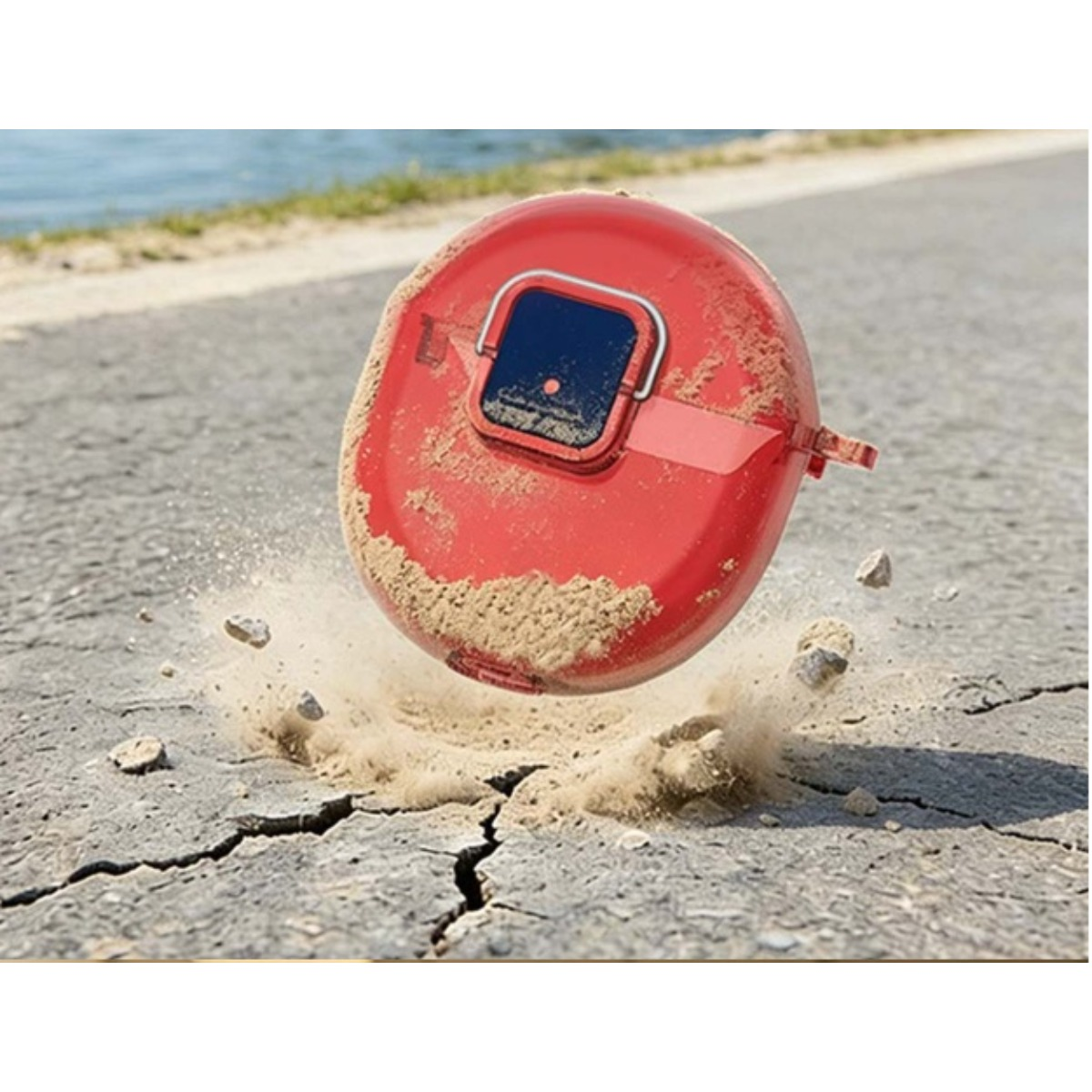 Ein roter Ball mit Sand bedeckt, der auf rissigem Asphalt aufprallt.