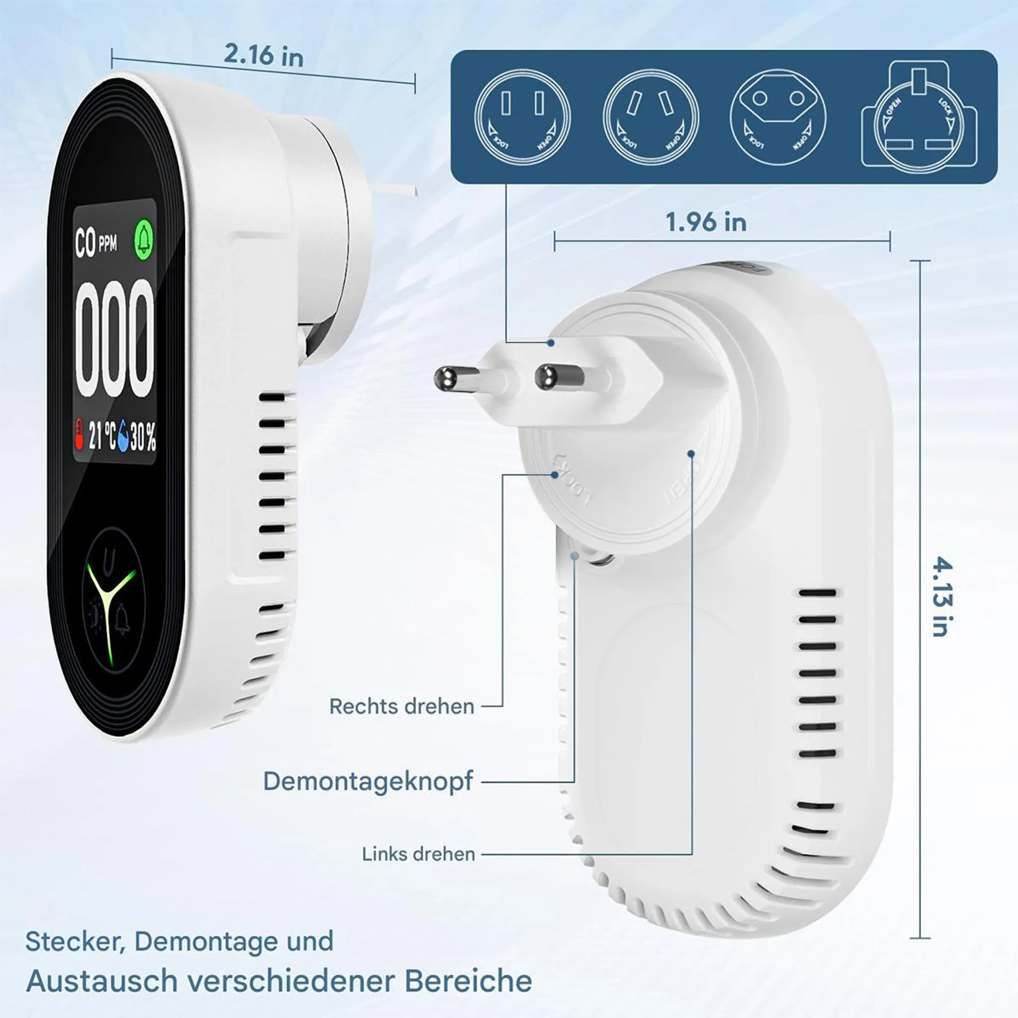 Ein weißer CO-Detektor mit digitalen Anzeigen für CO-Gehalt, Temperatur und Luftfeuchtigkeit.