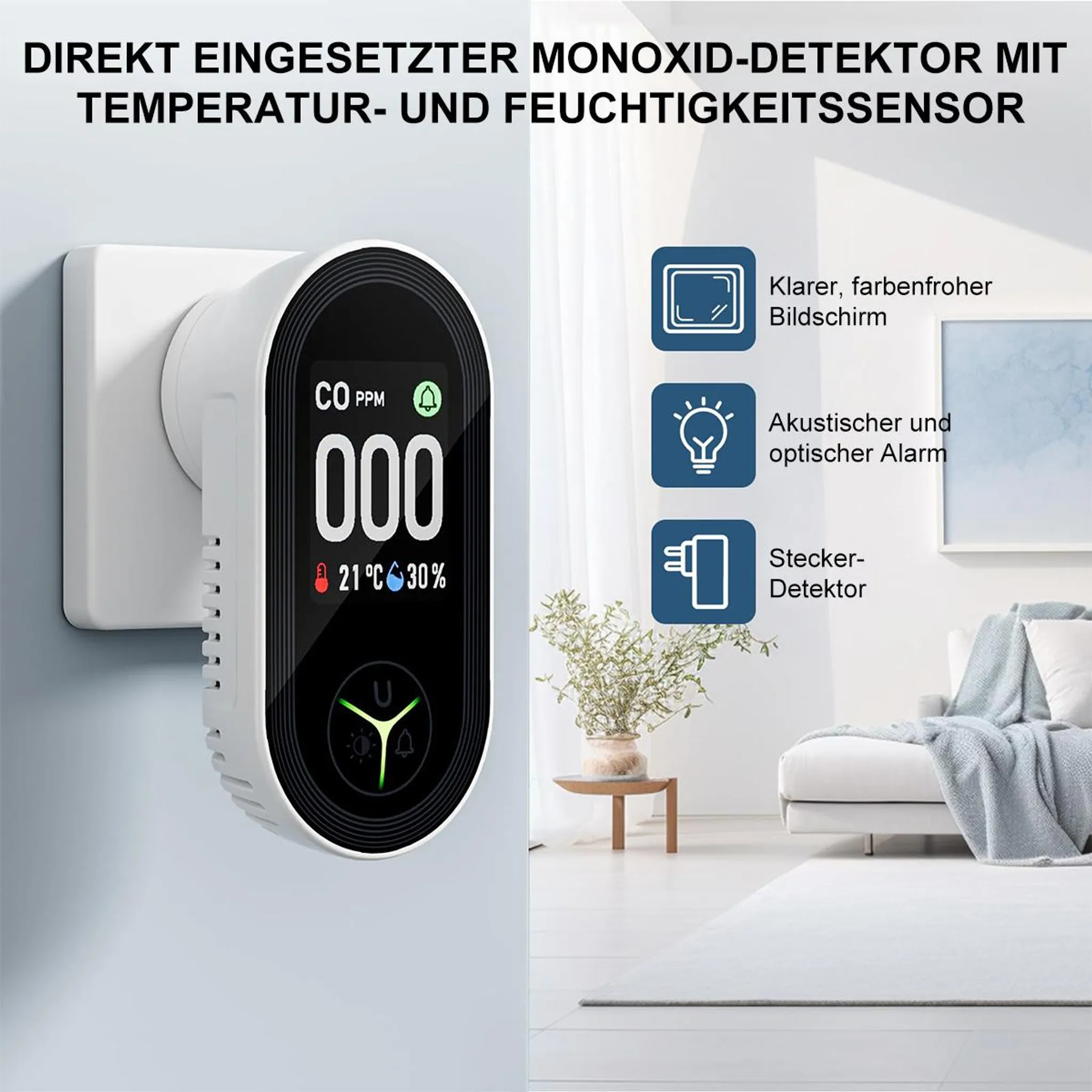 Ein weißer CO-Detektor mit Bildschirm zeigt 000 PPM, 21°C und 30% Luftfeuchtigkeit an.