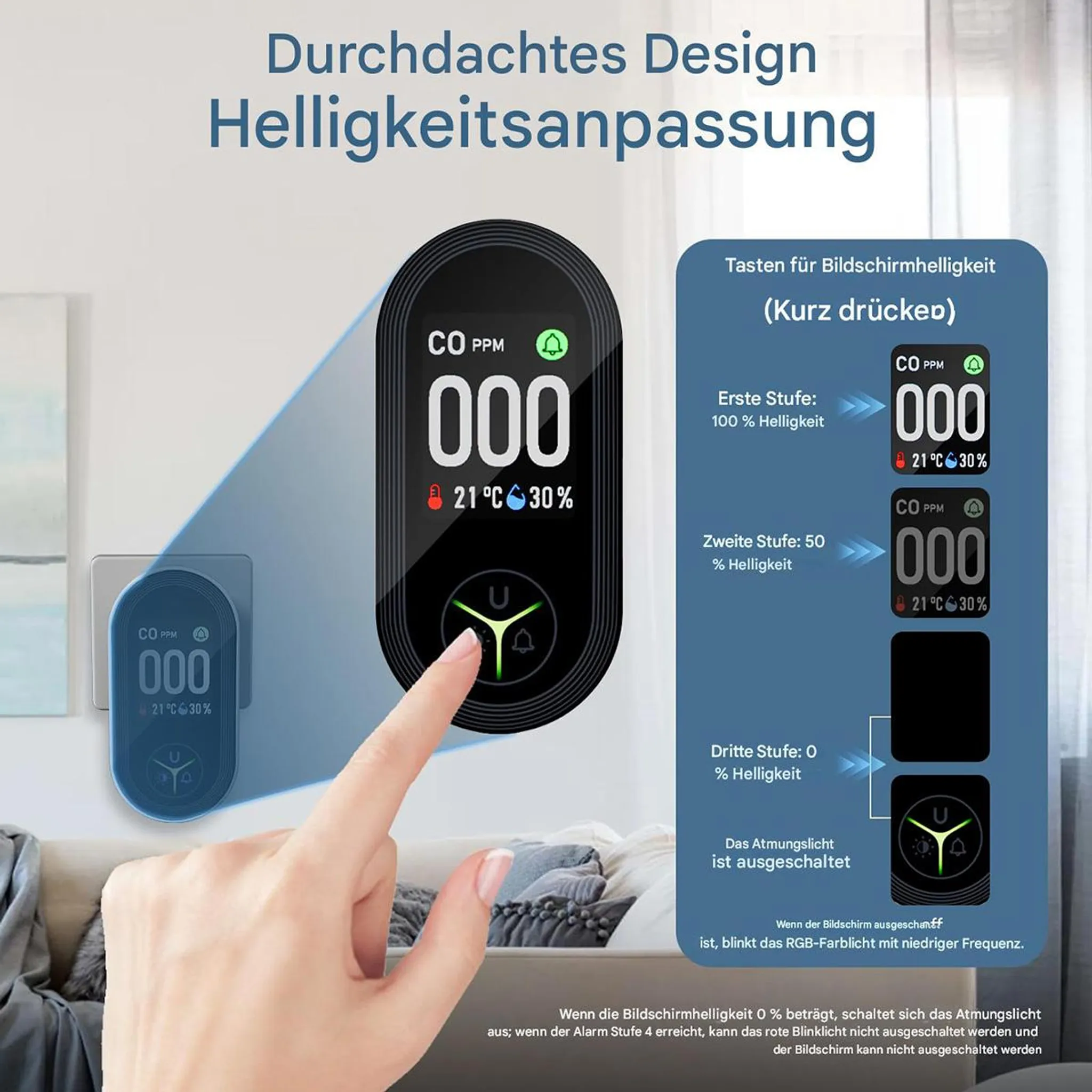 Ein Finger berührt ein CO2-Messgerät mit Display, das 000 anzeigt.