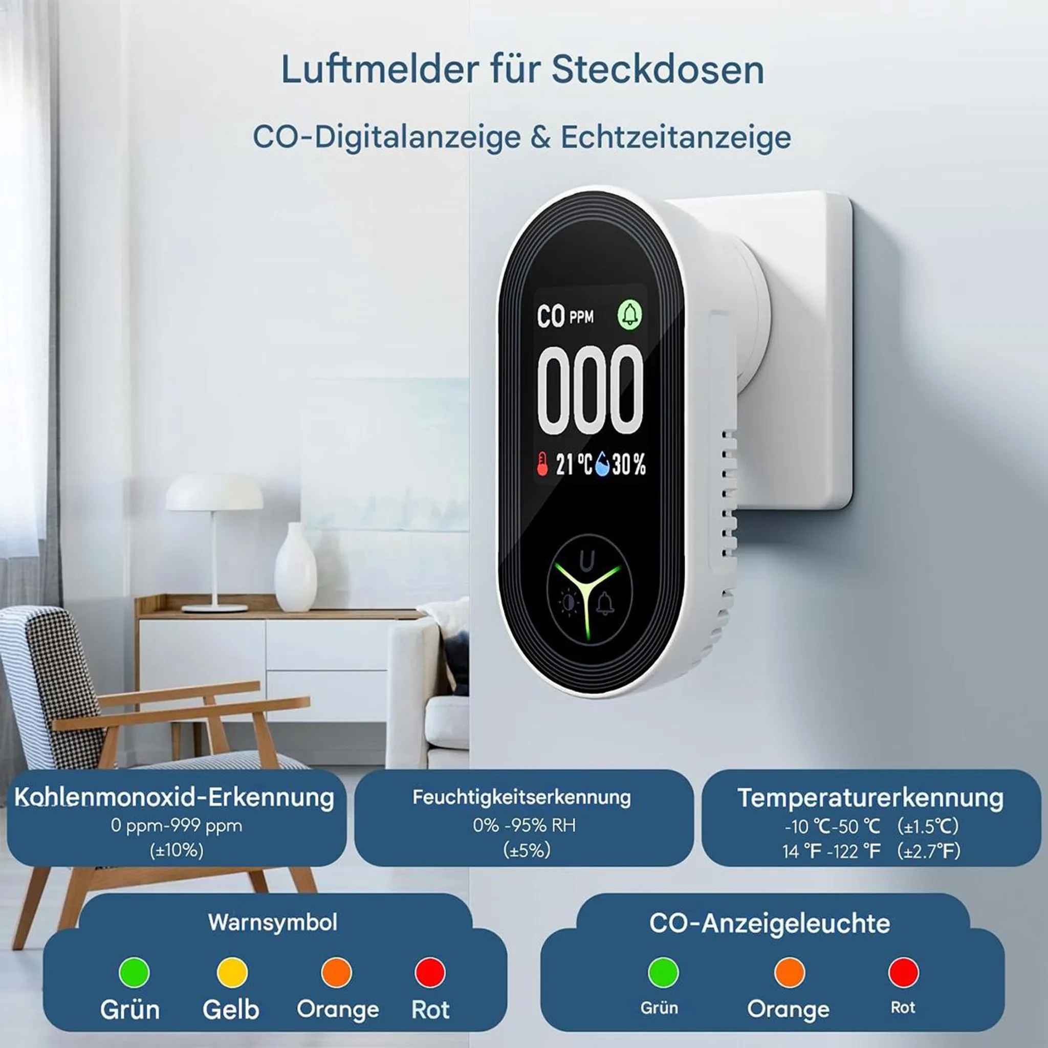 Ein weißer CO-Melder mit Digitalanzeige steckt in einer Steckdose.