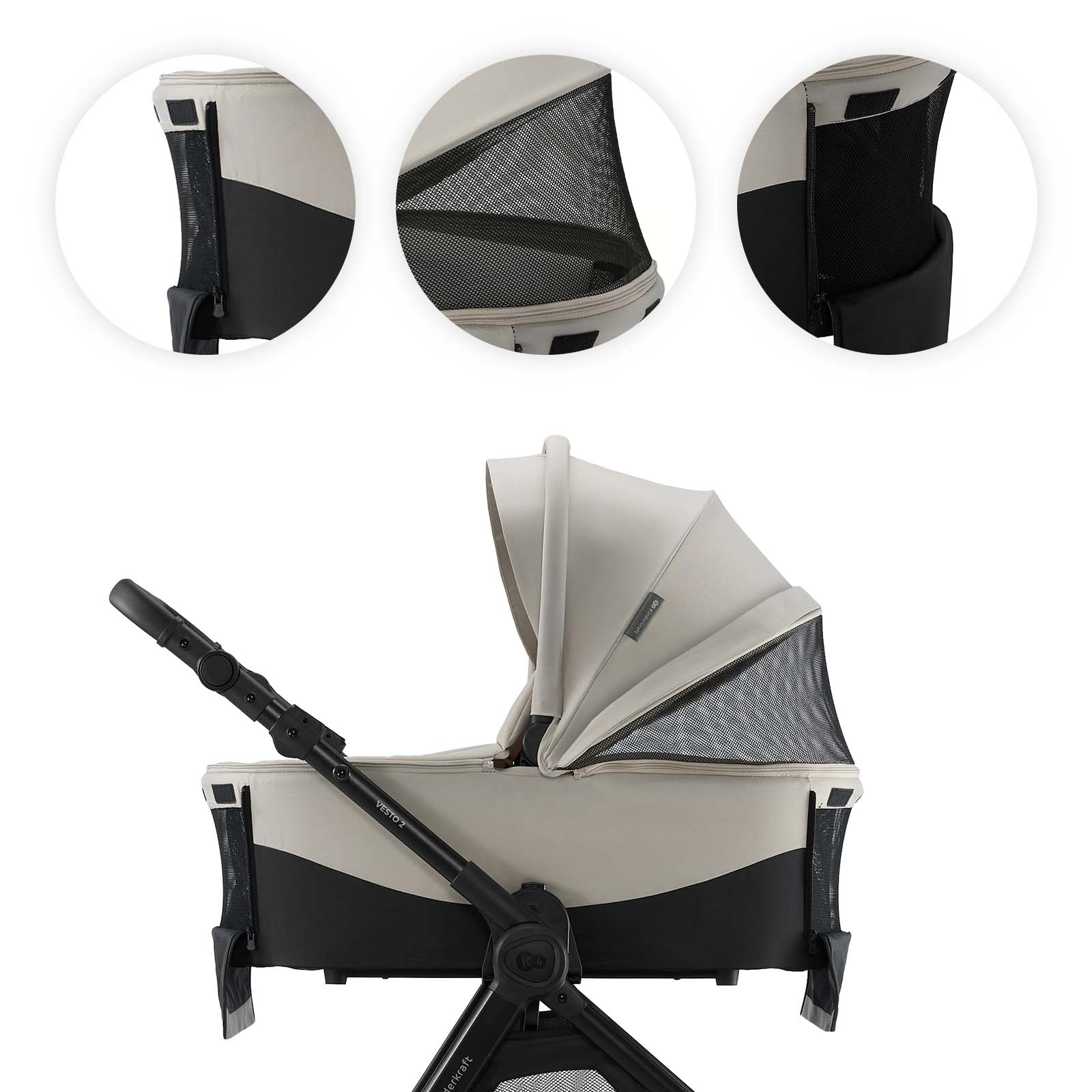 Ein Kinderwagen in Beige und Schwarz mit einem verstellbaren Griff und Netzfenstern.