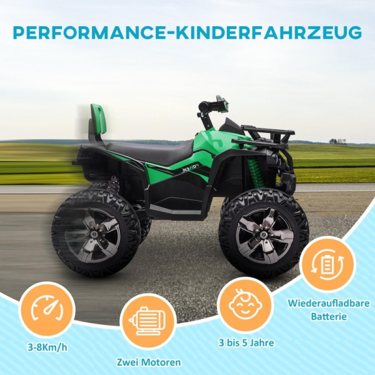 Grünes Kinder-Quad mit großen Reifen und Hintergrund mit Feld und Himmel.