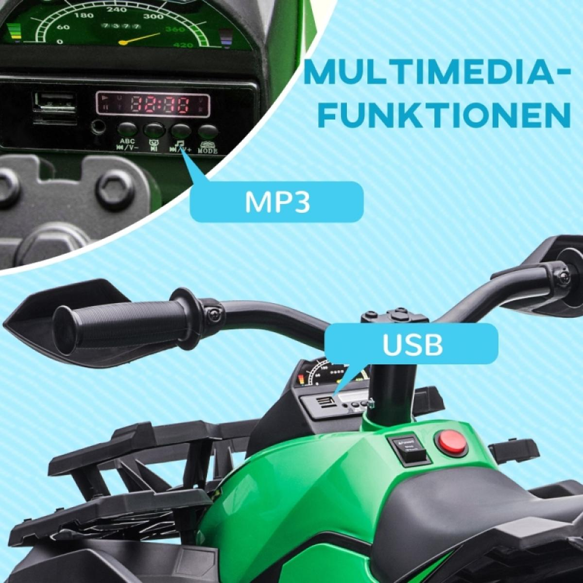 Grünes Quad mit MP3 und USB-Anschlüssen, beleuchtetem Display und Lenker.