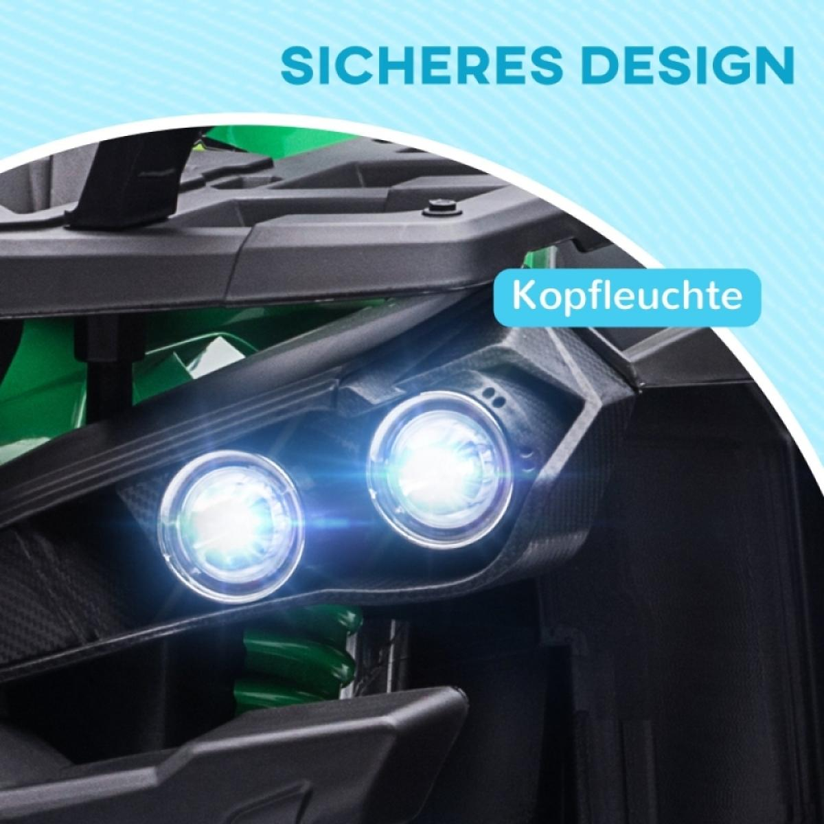Detailaufnahme der Scheinwerfer eines grünen Fahrzeugs mit "Sicheres Design".